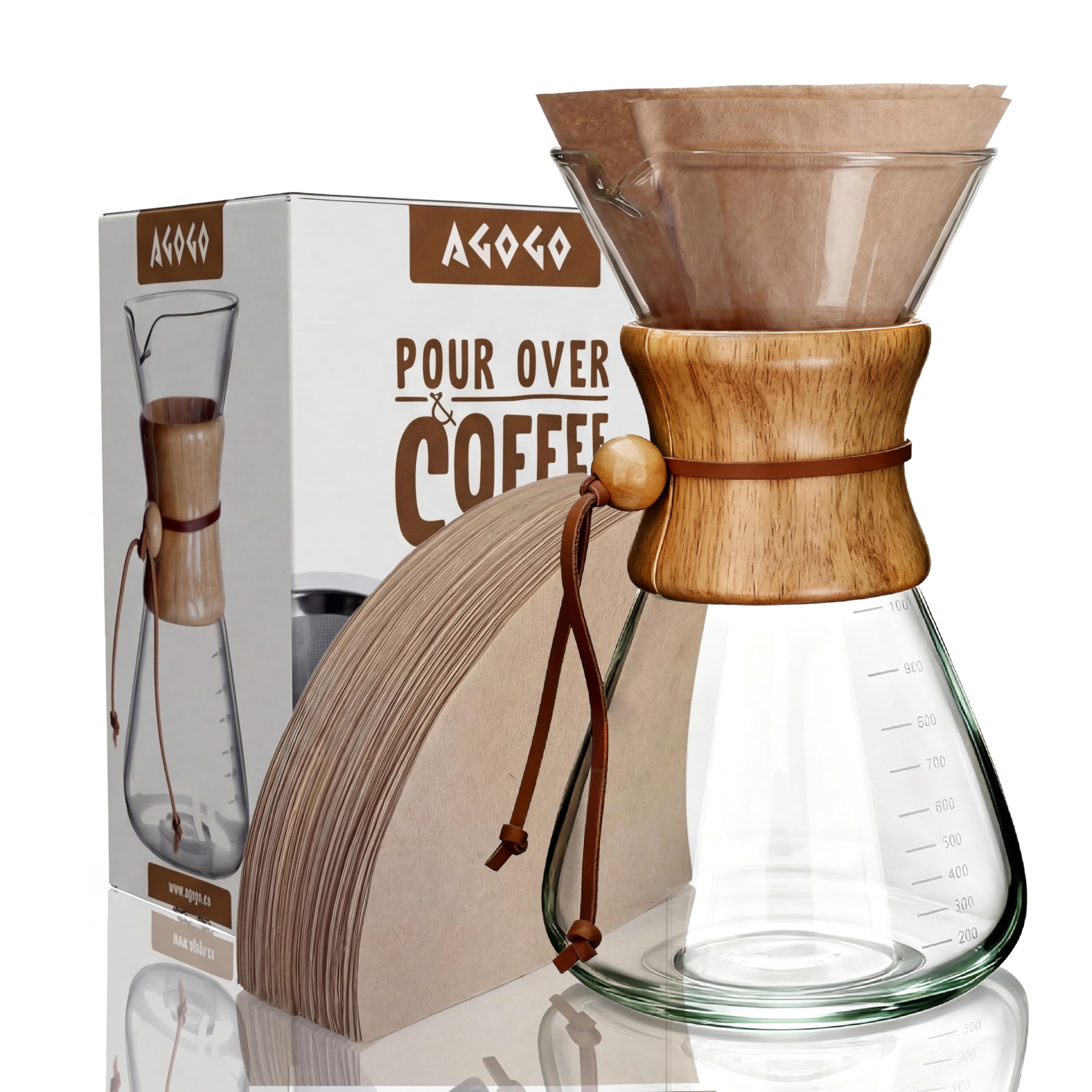 AGOGO Pour Over Coffee Maker Set,34oz Slim Style, 50 Paper Filters