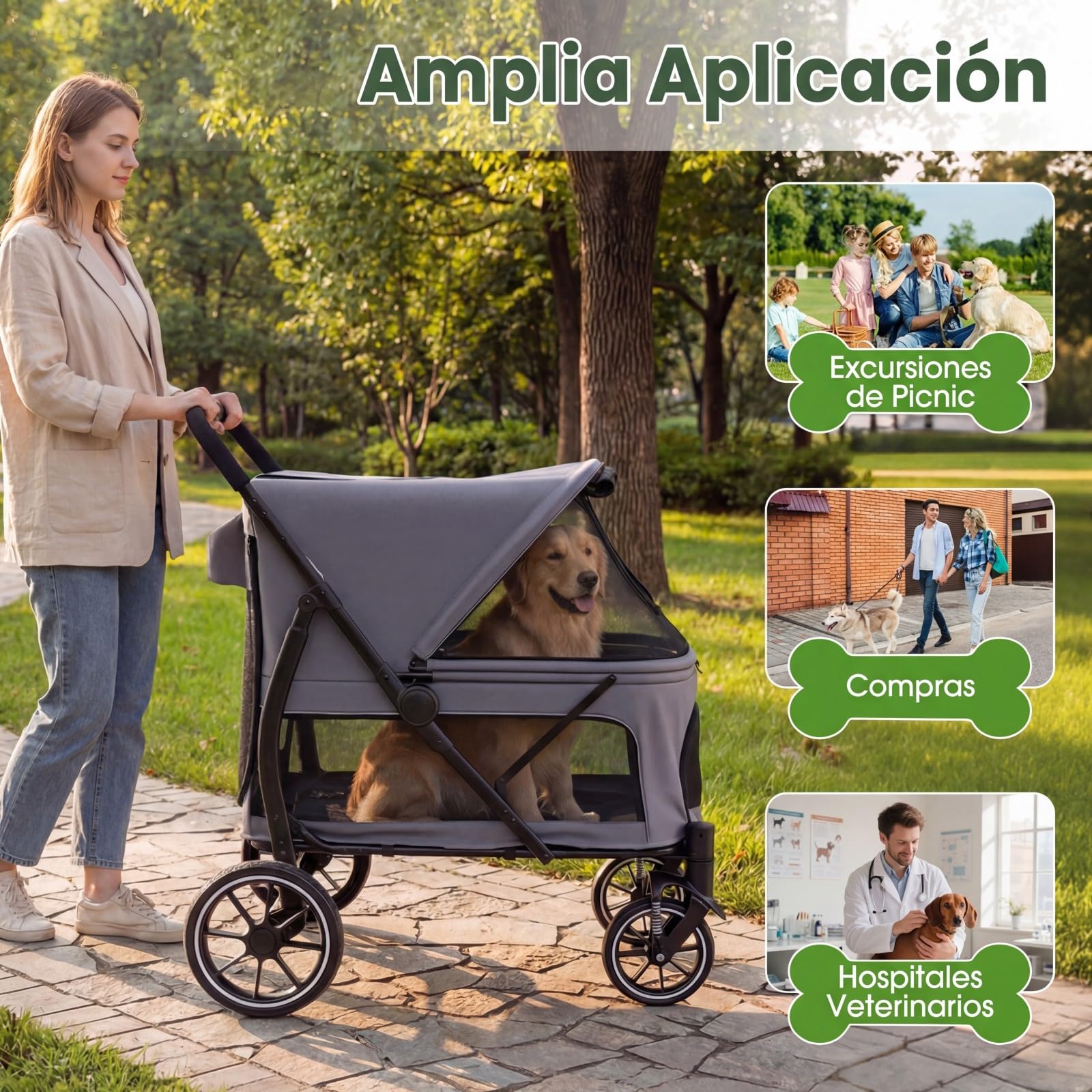 COSTWAY Carrito para Perros Plegable Grande, Cochecito para Mascotas con Ruedas, Toldo Ajustable de Malla, Bolsillos de Almacenamiento y Cinturón de Seguridad, Carga 40 kg, 96 x 71 x 102.5 cm (Gris)