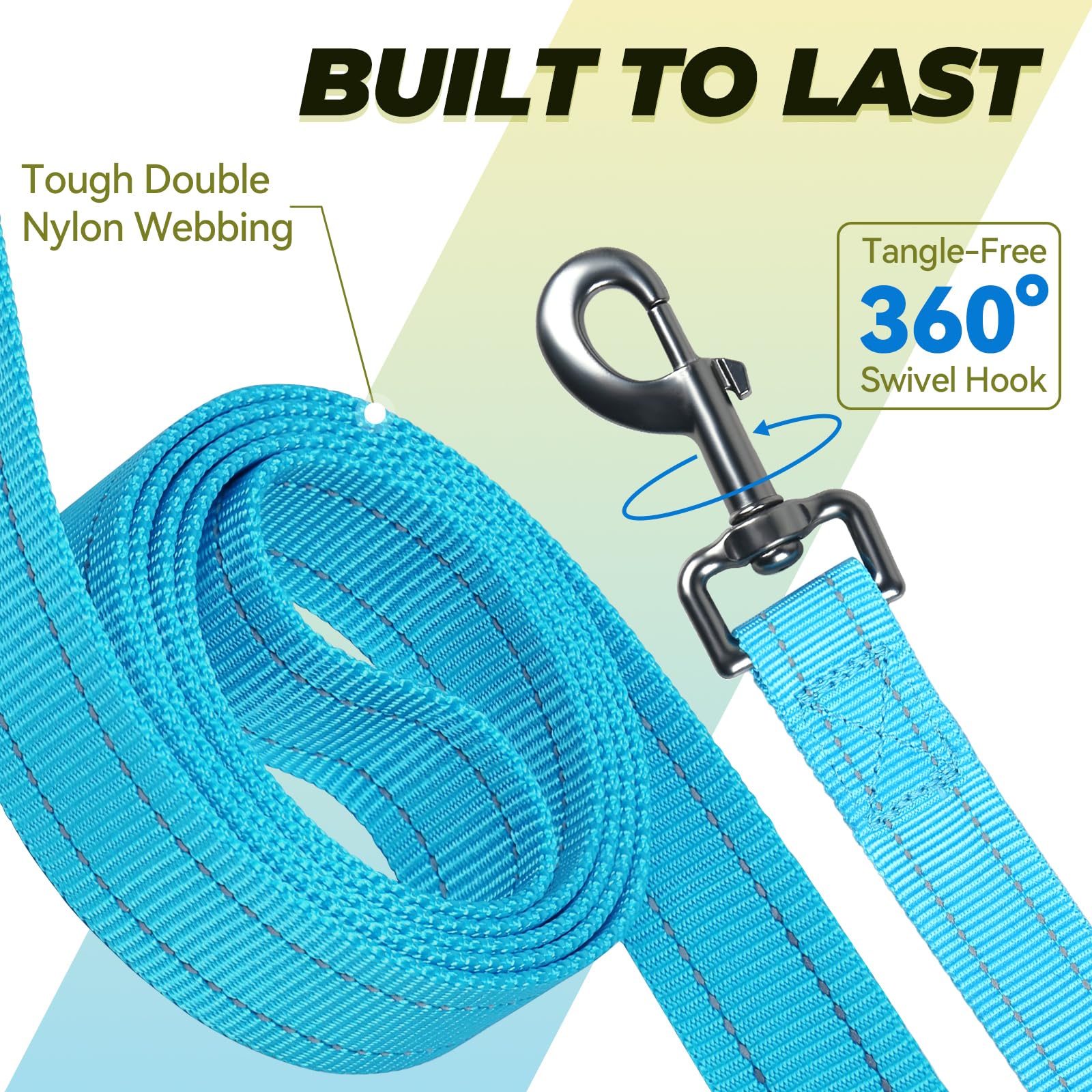 VIVAGLORY Correas para Perro con Asa de Tráfico, Correa Fuerte para Perro con Dos Asas Blandas Acolchadas, Correa de Entrenamiento con Reflectante y Gancho de Metal, Azul Lago
