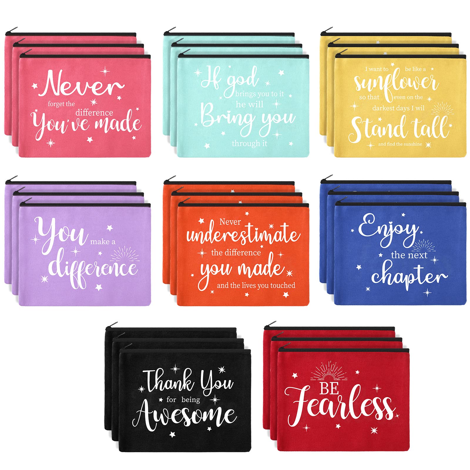 Kajaia 24 Pieces Inspirational Canvas Cosmetic Bags Makeup Bags with Zippers Appreciation Motivational Toiletry Purse Pouches Positive Travel Makeup Pouches for Girl Women Friends Coworker, 8 Designs