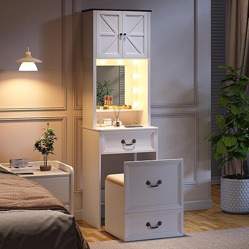 Escritorio de maquillaje con luces  Mesa de tocador con diseño superior de vidrio y estación de carga, escritorio de maquillaje vintage con cajones