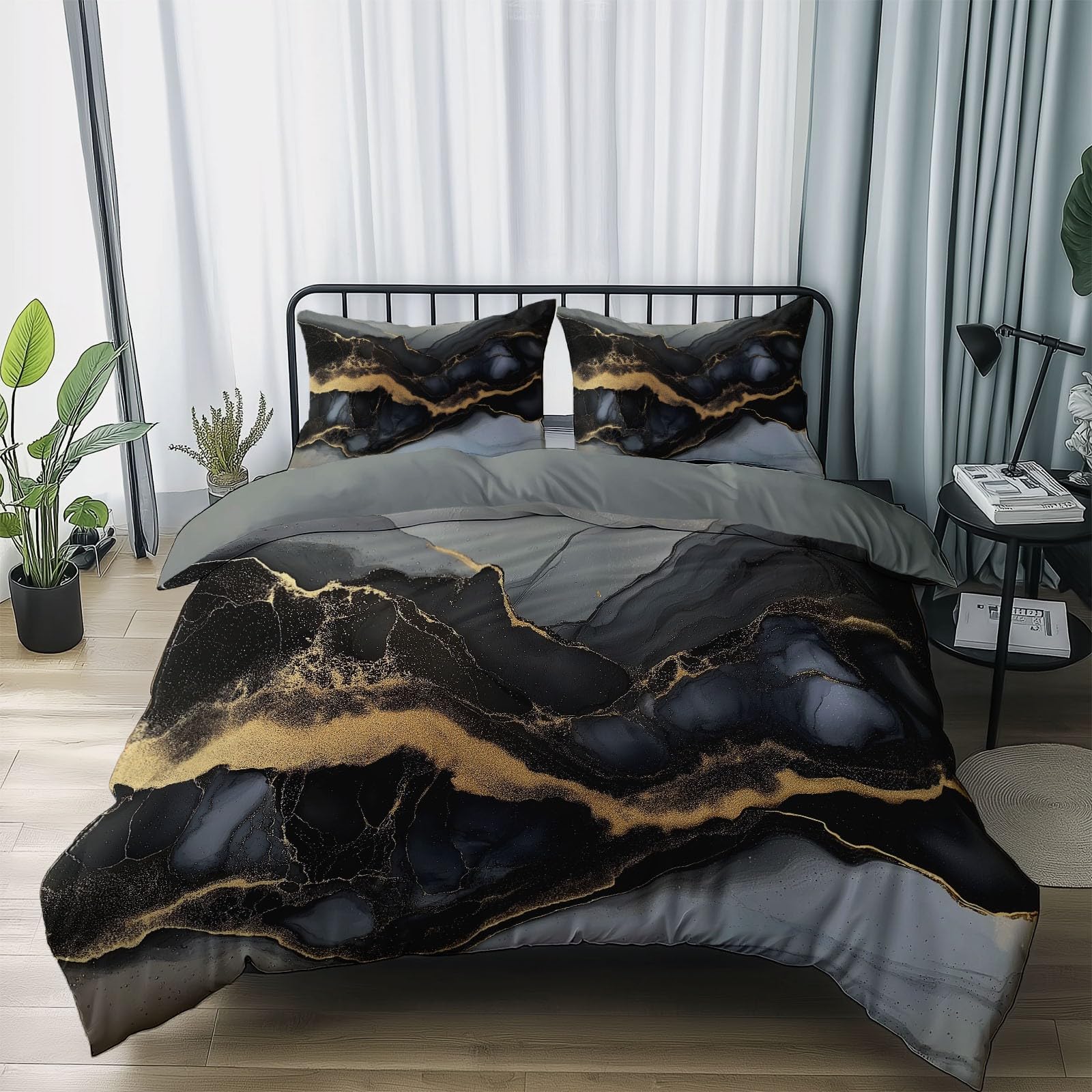 Generico Set Copripiumino Matrimoniale 200 x 200 cm, Copripiumino Matrimoniale 3 Pezzi in Microfibra Con Motivo Moderno Marmo Linee, Comprendente 1 Copripiumino + 2 Federe, Verde Chiaro