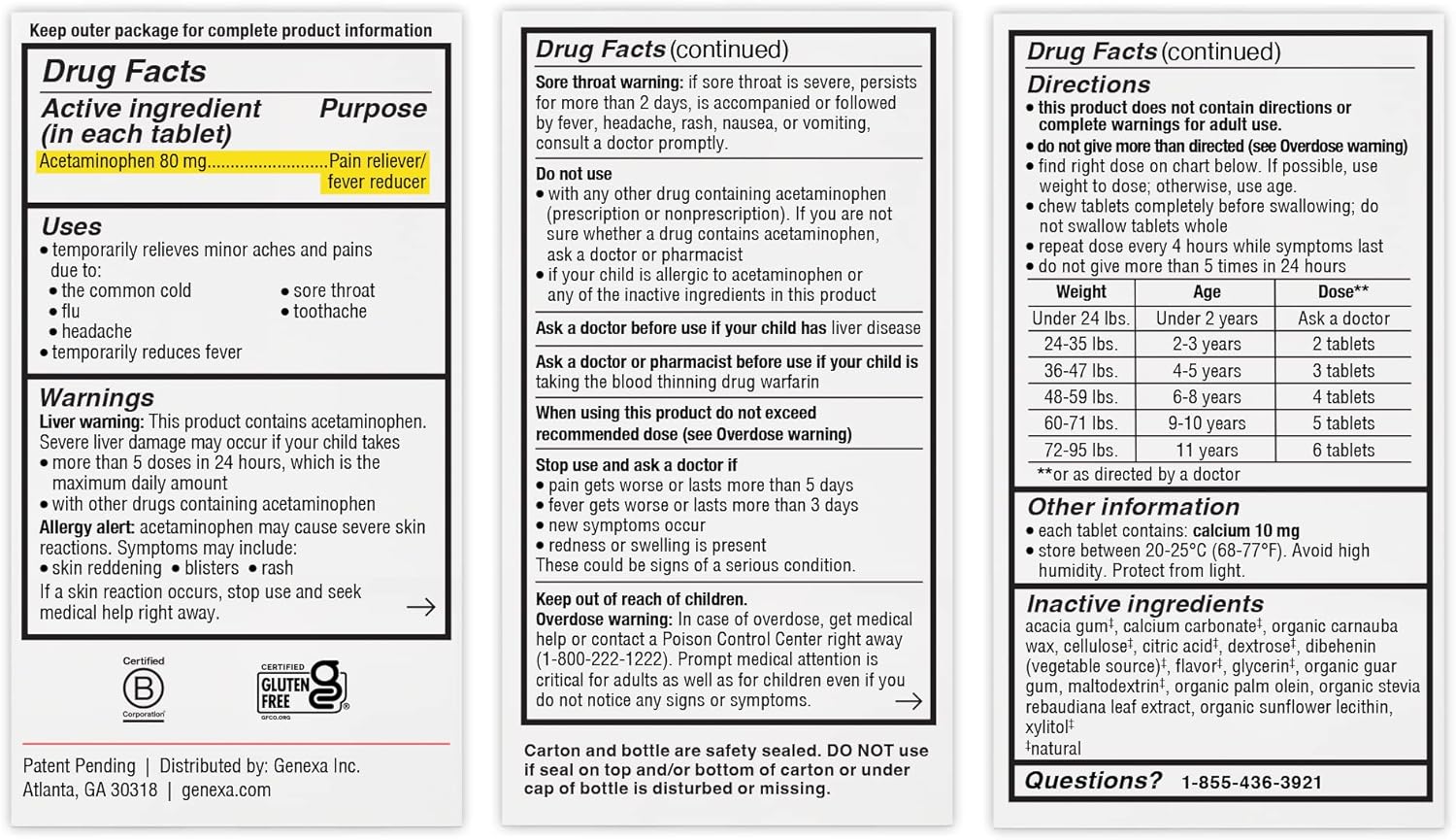 Genexa Children's Acetaminophen Pain and Fever Reducer | Chewable Tablets 80 mg | Grape Flavor | 2-11 Years Old | 24 Count : Health & Household