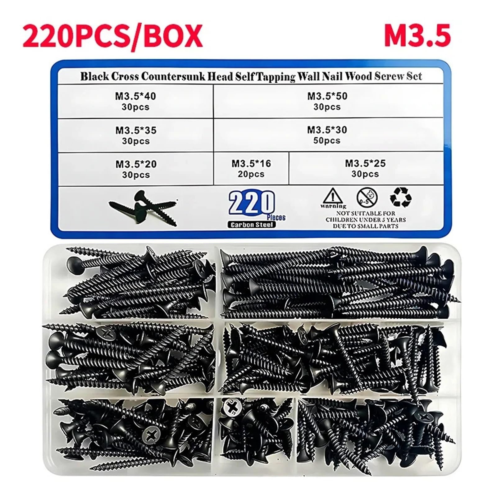 Juego De 220 Tornillos Autorroscantes For Madera De Cabeza Avellanada Plana Phillips De Acero Al Carbono Negro M3.5, Surtido En Caja.(20 BOXES)