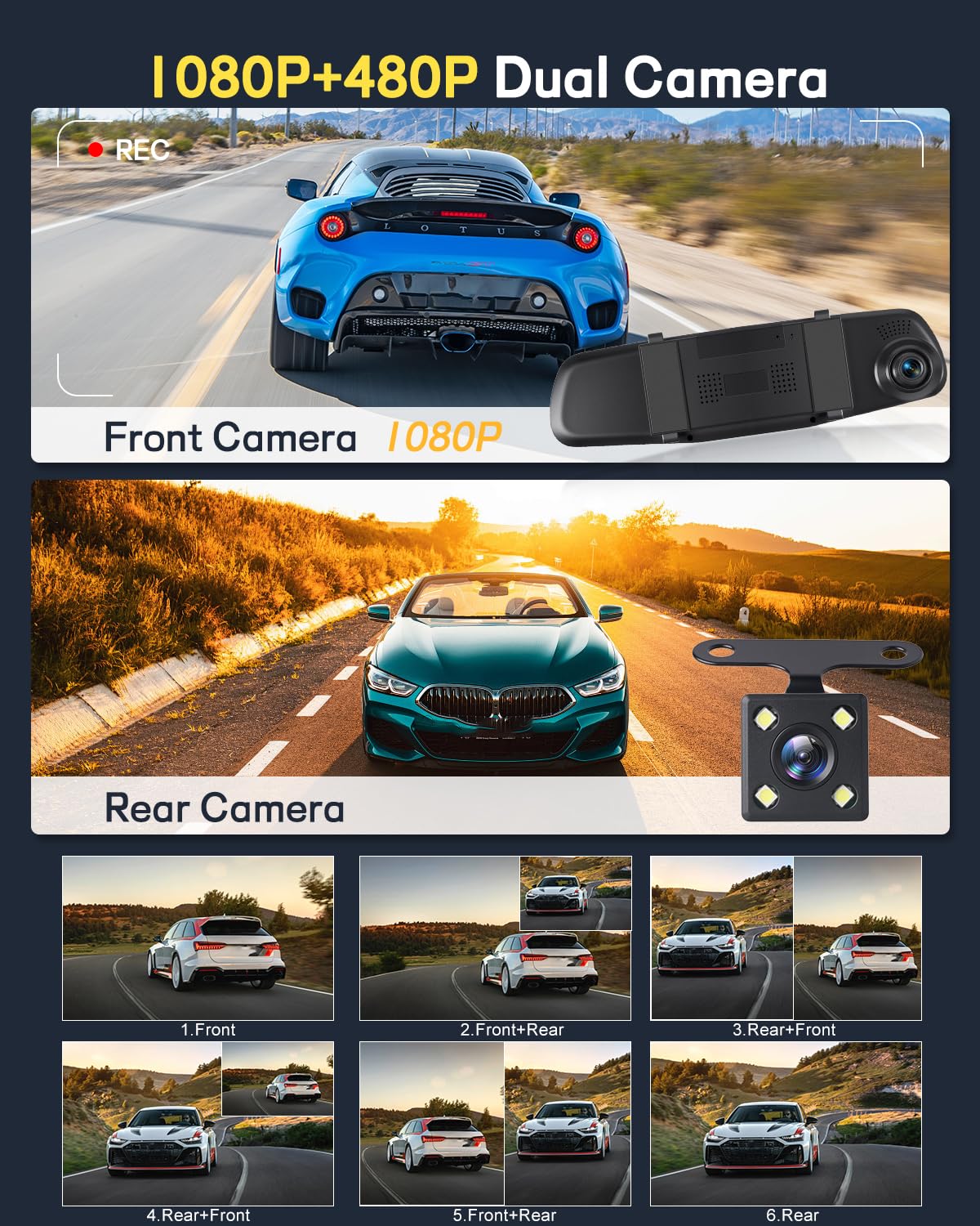 NHOPEEW 1080P Dash Cam con specchio e schermo da 4,5 pollici - Telecamere anteriori e posteriori Supporta registrazione in loop Controllo dell'esposizione della linea di retromarcia Visione notturna