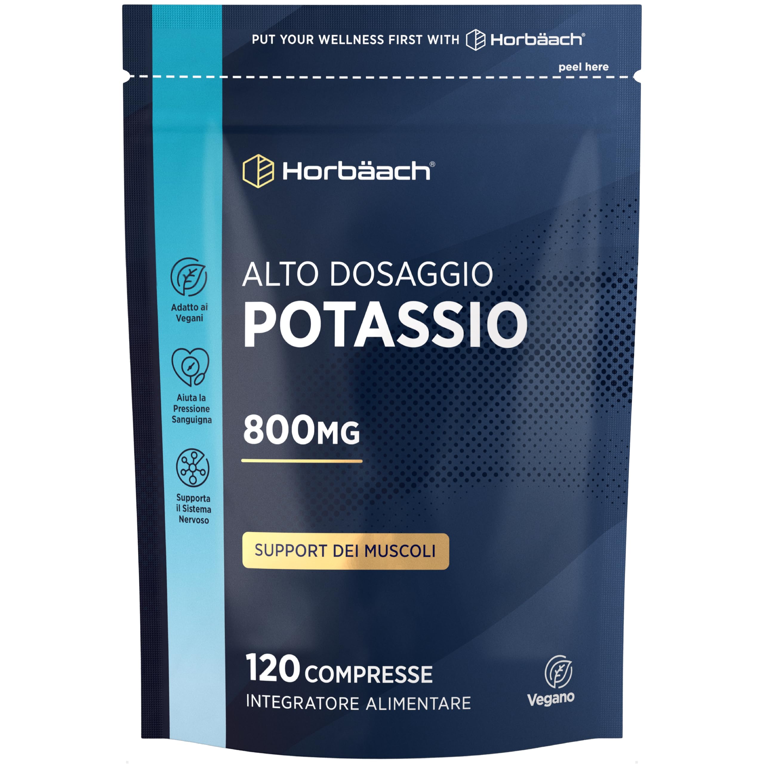 Potassio Integratore 800mg | 120 Compresse Vegane | ad Alto Dosaggio | Potassium | Horbaach
