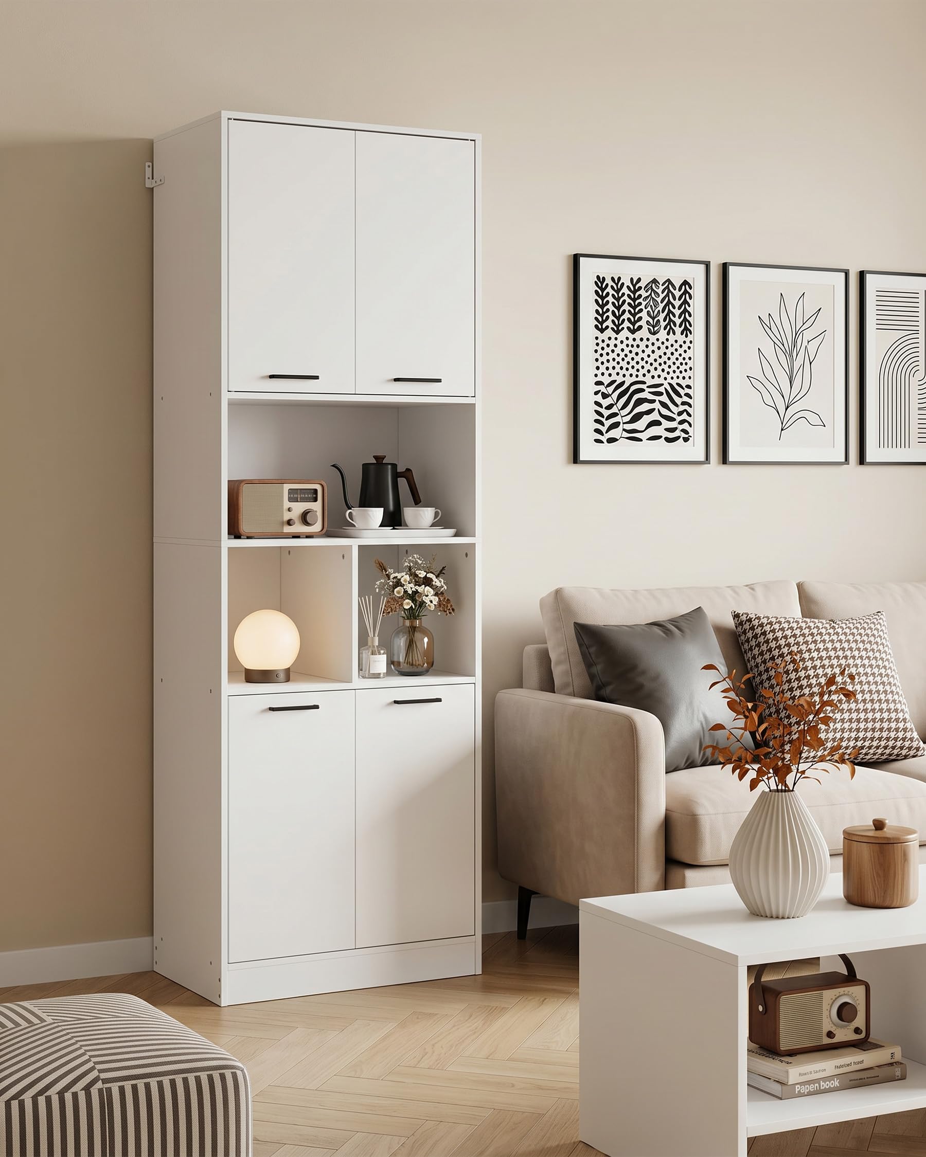 hitsuki Armario Cocina 60x40x180.5cm Mueble Almacenaje con Estantes Ajustables Vitrina para Cocina Salón Baño Blanco