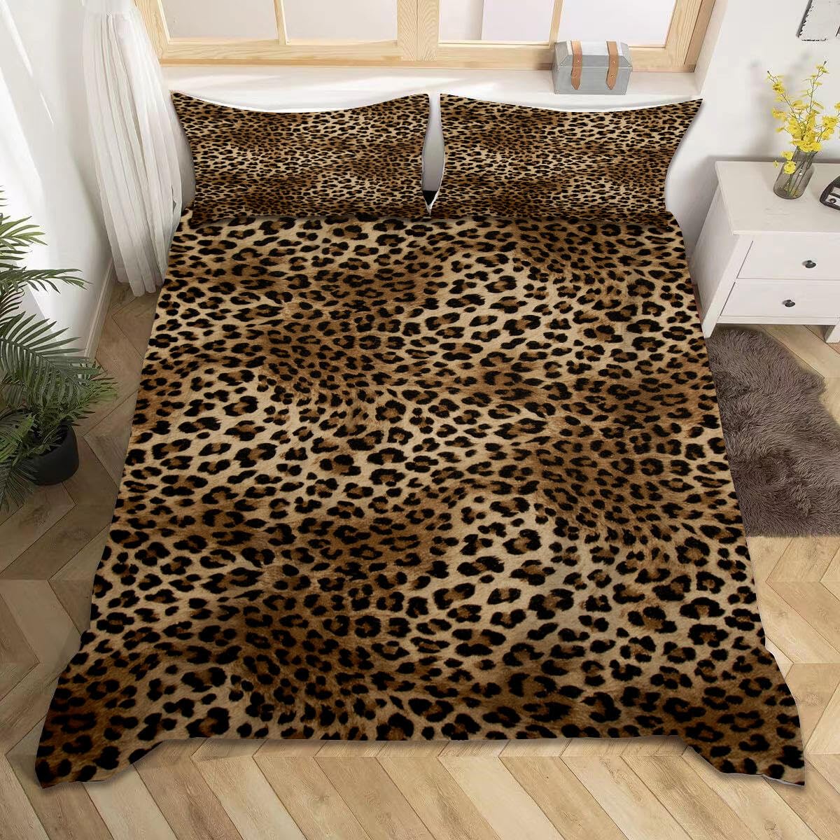 Classic Leopard Print Duvet Cover Animal Leopard Pattern Set, Washable Oversized King 3Pcs for Kids Women Adults Soft Retro Style, with 1 Duvet Cover and 2 Pillow Shams(No Comforter), Zipper Closure