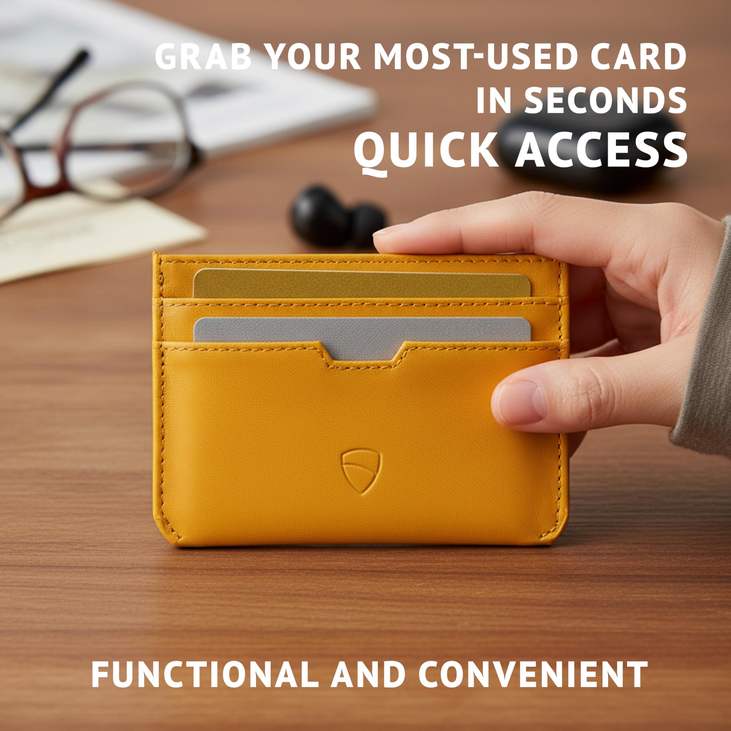 Vaultskin MOORGATE Smukłe skórzane etui na karty z ochroną RFID, Żółty | Minimalistyczne etui dla kobiet i mężczyzn, 5 przegródek na karty, dokument i gotówkę, naturalna skóra bydlęca.