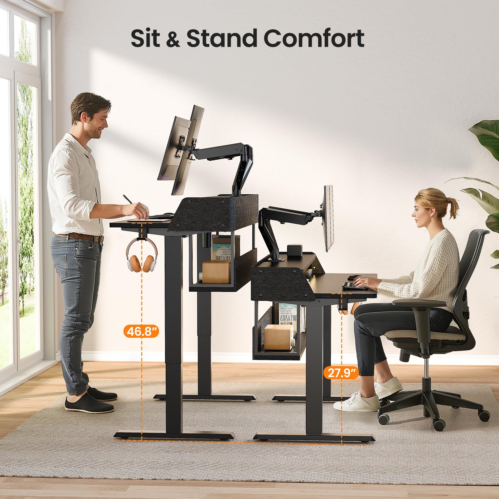 ErGear Electric Standing Desk 48x24 Inch Adjustable Sit Stand Desk with Bookshelf Monitor Stand Standing Gaming Desk with — view 3