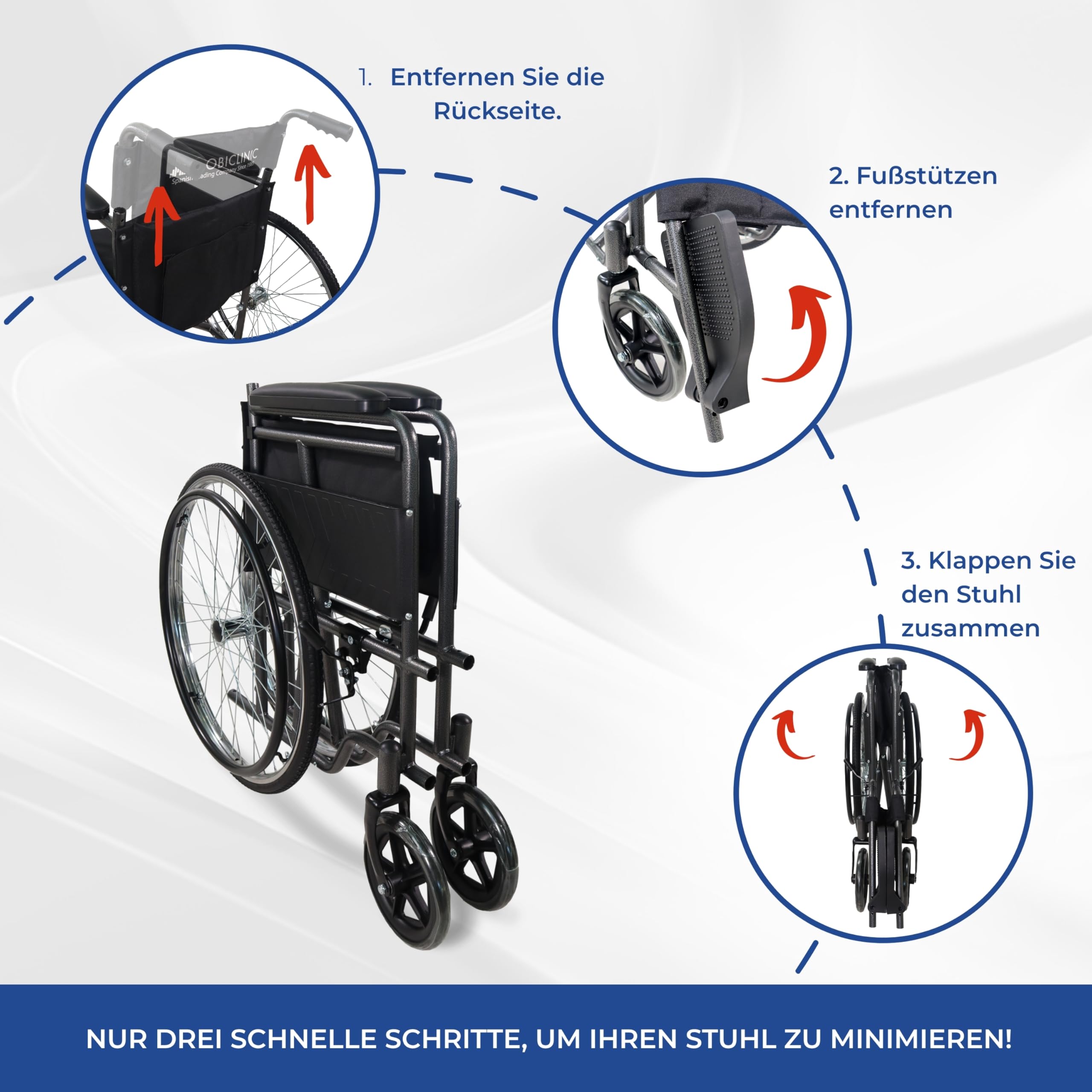 Mobiclinic®, Faltrollstuhl, Denver, Europäische marke, Sitzhöhe 46 cm, Handbremse, Abnehmbare rückenlehne, Einklappbare fußstütze, Stabil, Rollstuhl faltbar leicht, Graue farbe