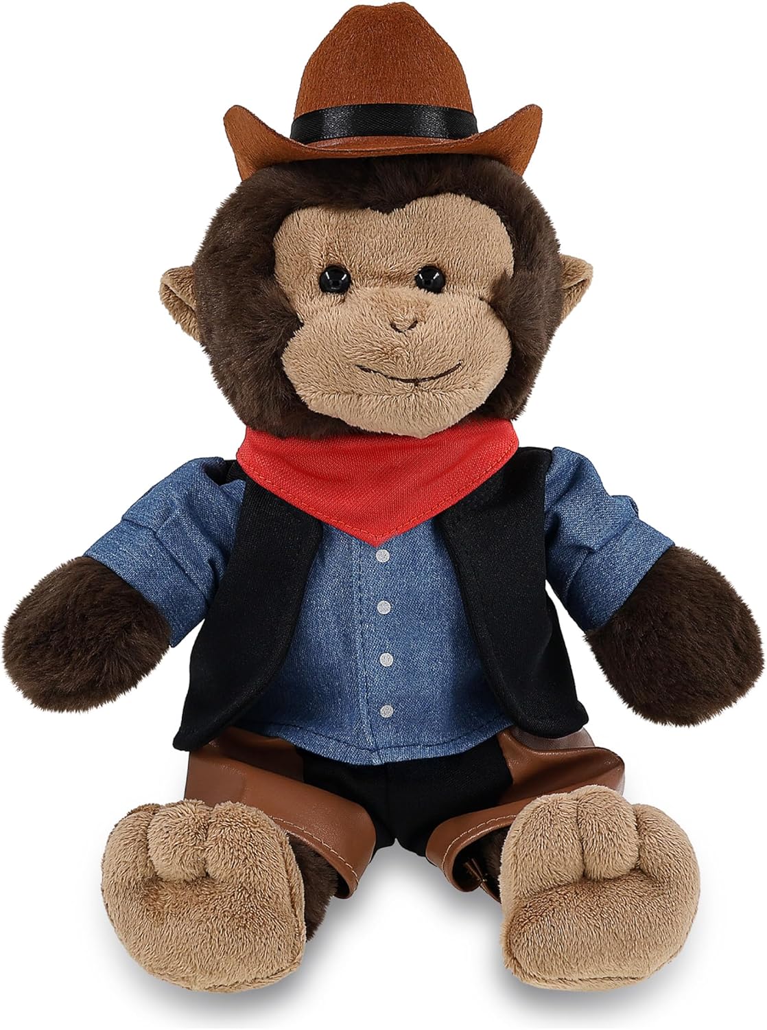 DolliBu Monkey Stuffed Animal Cowboy Plush with Name Personalization - Western-Themed Monkey Plush with Cute Cowboy Costume Denim Shirt Vest, Bandana, Leather Pants, and Hat - 9 Inches