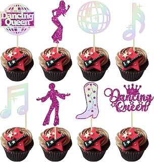 Gyufise 24Pcs Dancing Queen Cupcake Toppers Glitter M70s Disco Cupcake Picks Vintage 70s Disco Dancing Cake Decorations for Disco Ball Music Theme Wedding Birthday Party Supplies Rose Red