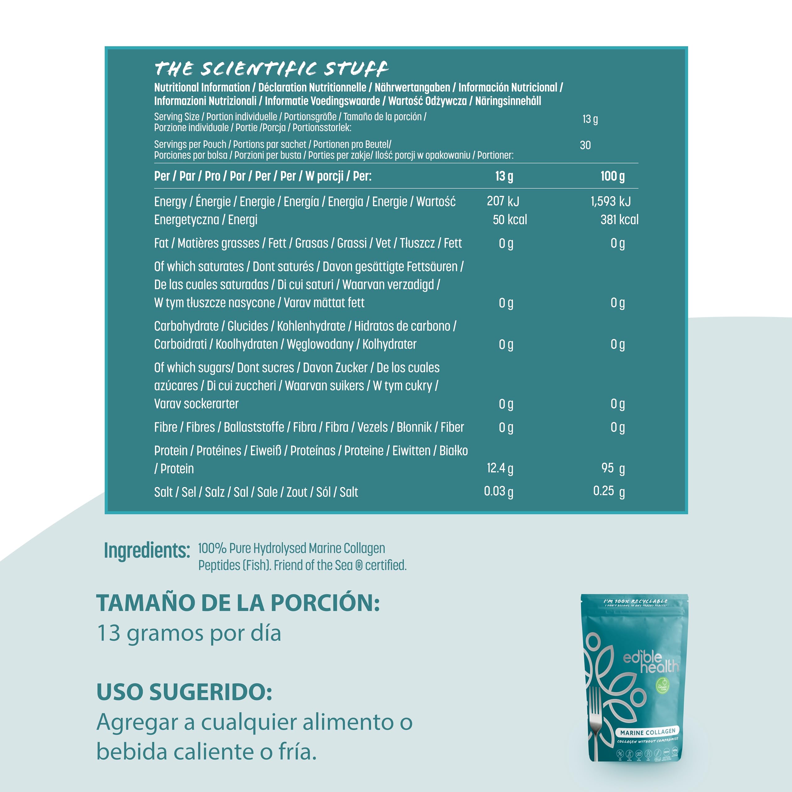 Edible Health - Polvo de Colágeno Marino, Péptidos Bioactivos, Sin Carbohidratos, Para Piel, Cabello, Huesos y Articulaciones, 1kg, 70 Días | Péptidos Bioactivos De Colágeno Marino, Sin Carbohidratos; Formato En Polvo De 1 Kg Para 70 Días.
