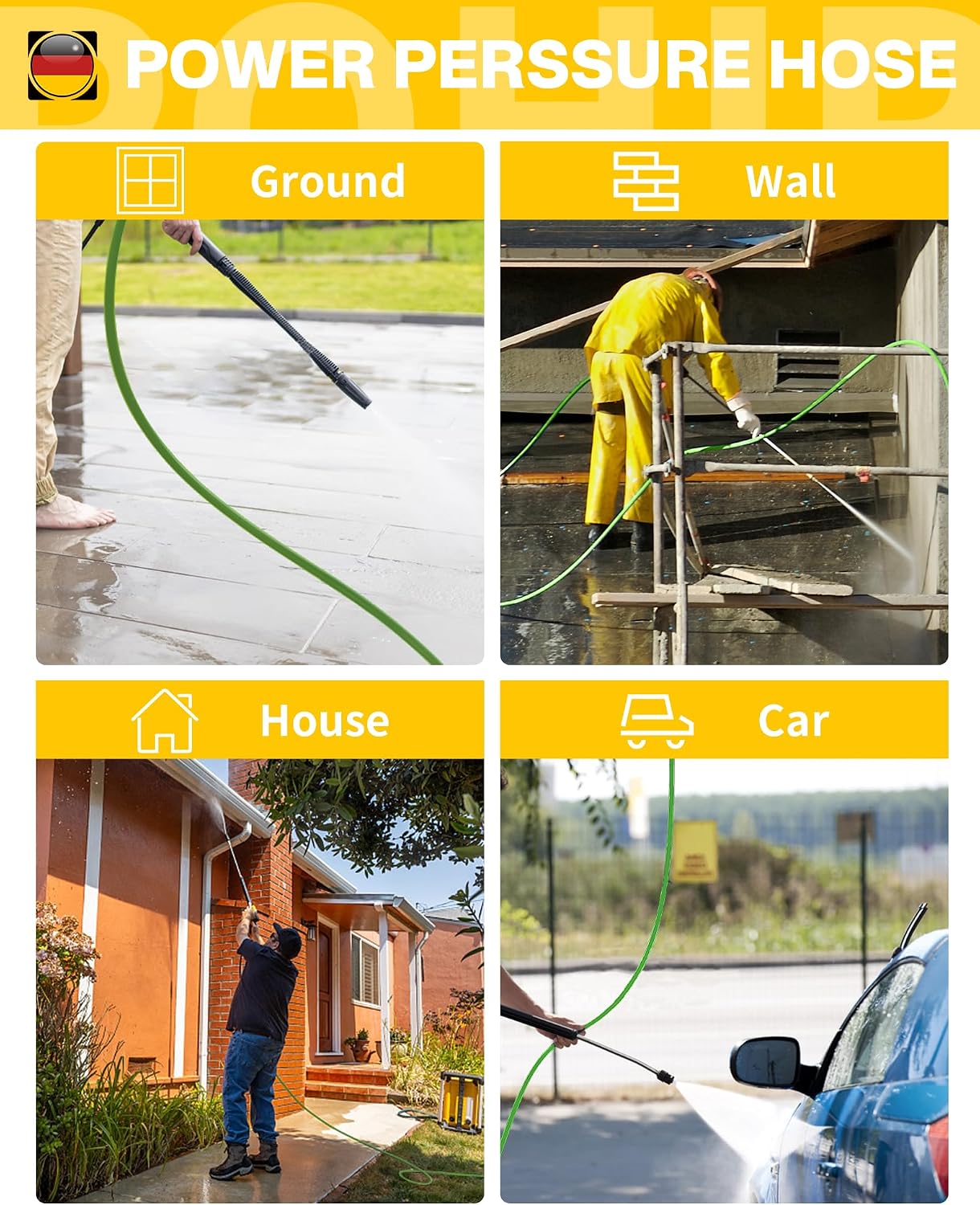 POHIR Pressue Washer Hose 25ft Quick Connect M22 Fittings, 4000 PSI Pressure Power Washer Hose Replacement, Electric Kink Free Hose
