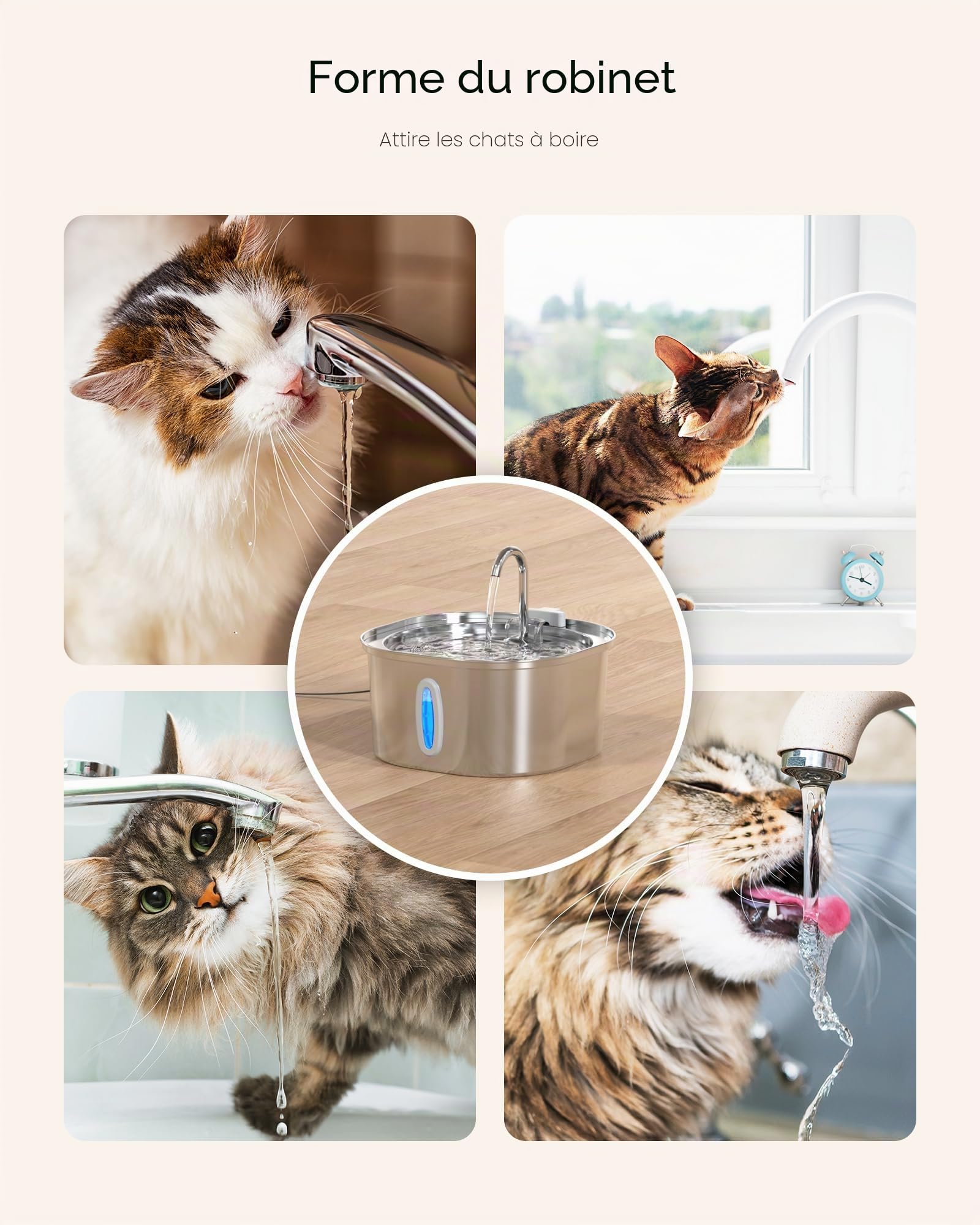 Fontaine à Eau pour Chats PEKTACO en Acier Inoxydable – Fontaine 3.2L pour Intérieur avec Indicateur de Niveau d'eau, Fontaine pour Chats et Chiens, 6 Filtres + 6 Éponges