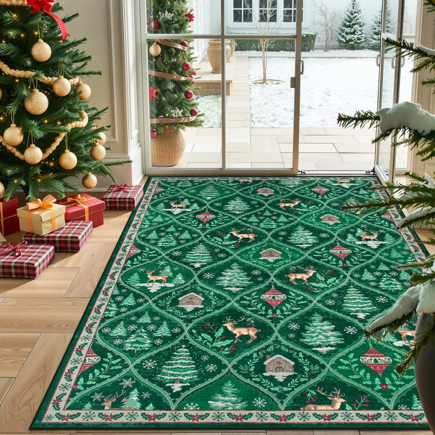 Alfombra navideña con estampado de renos navideños para el dormitorio, grande, lavable, suave, alfombra de Navidad, resistente a la suciedad (color 2, 100 x 150 cm)