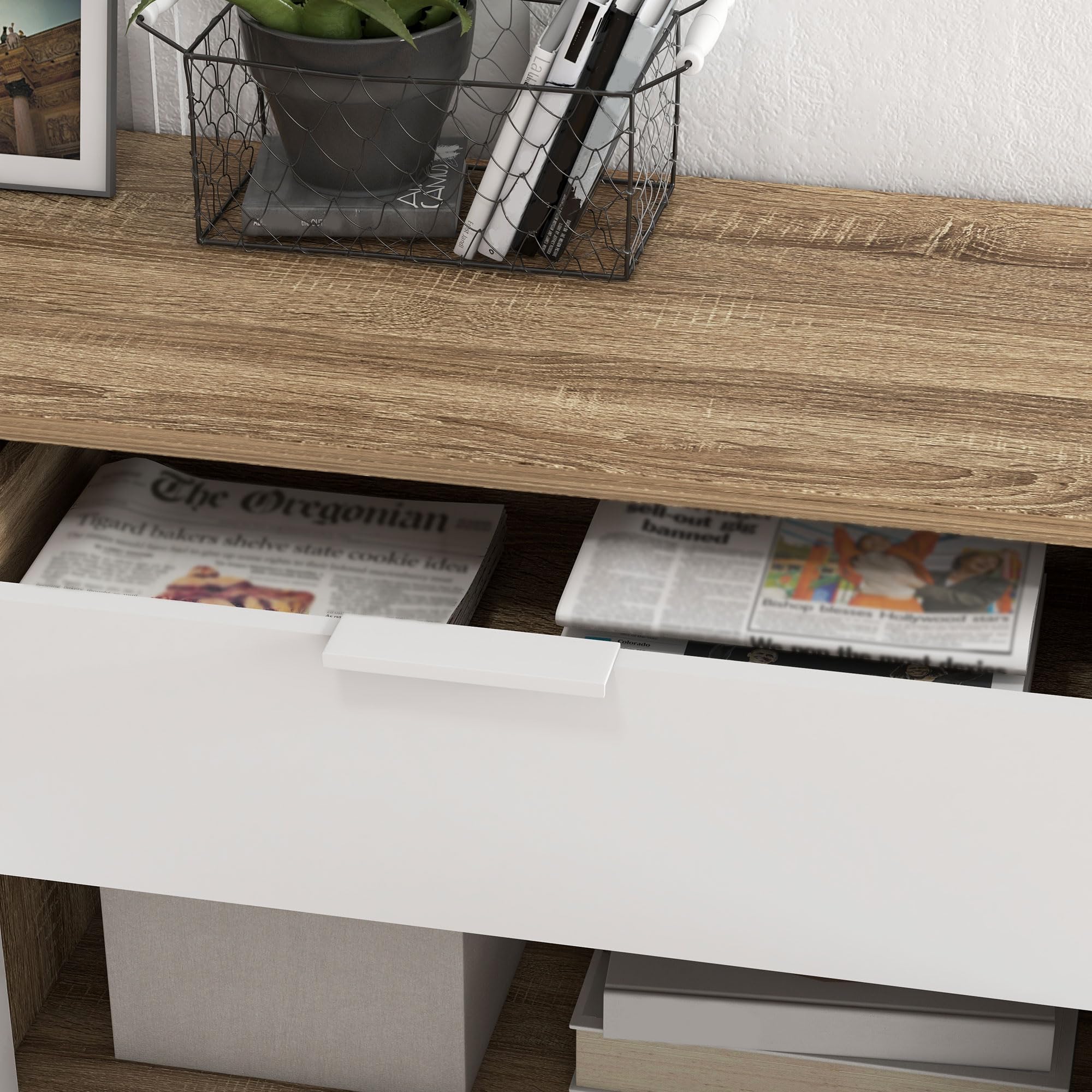 HOMCOM Aparador de Salón Moderno Aparador de Cocina con 1 Cajón 2 Puertas de Cierre Suave y Estantes Ajustables para Comedor Pasillo Dormitorio 95x35x85 cm Blanco y Natural