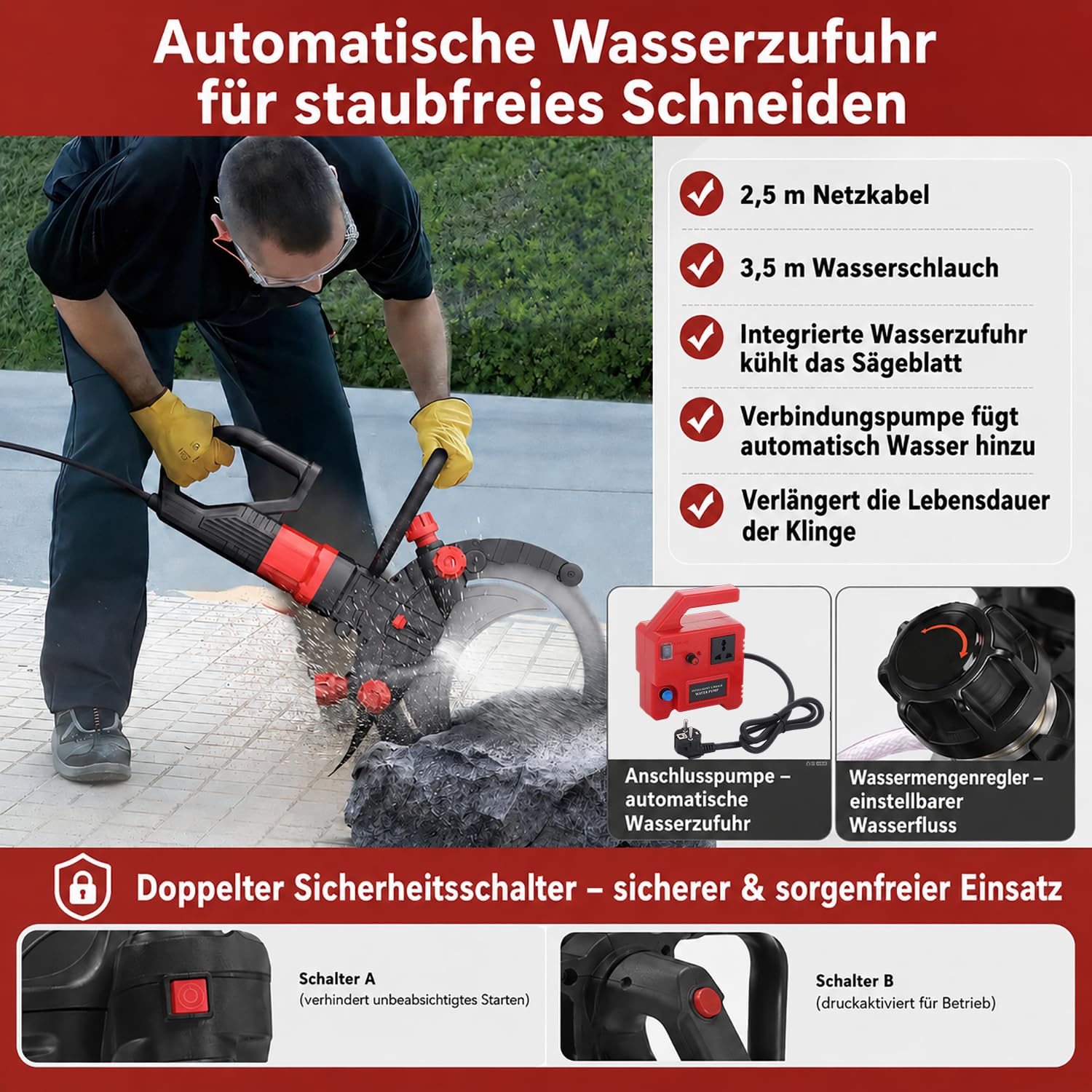 Neue Betontrennsäge, Bürsten-Gleichstrommotor mit 2*16-Zoll-Diamantblatt, Nass-/Trocken-Staubschutzschneider, 30 cm Schnitttiefe, für Renovierungsarbeiten/Straßenbauarbeiten 9500W2blades