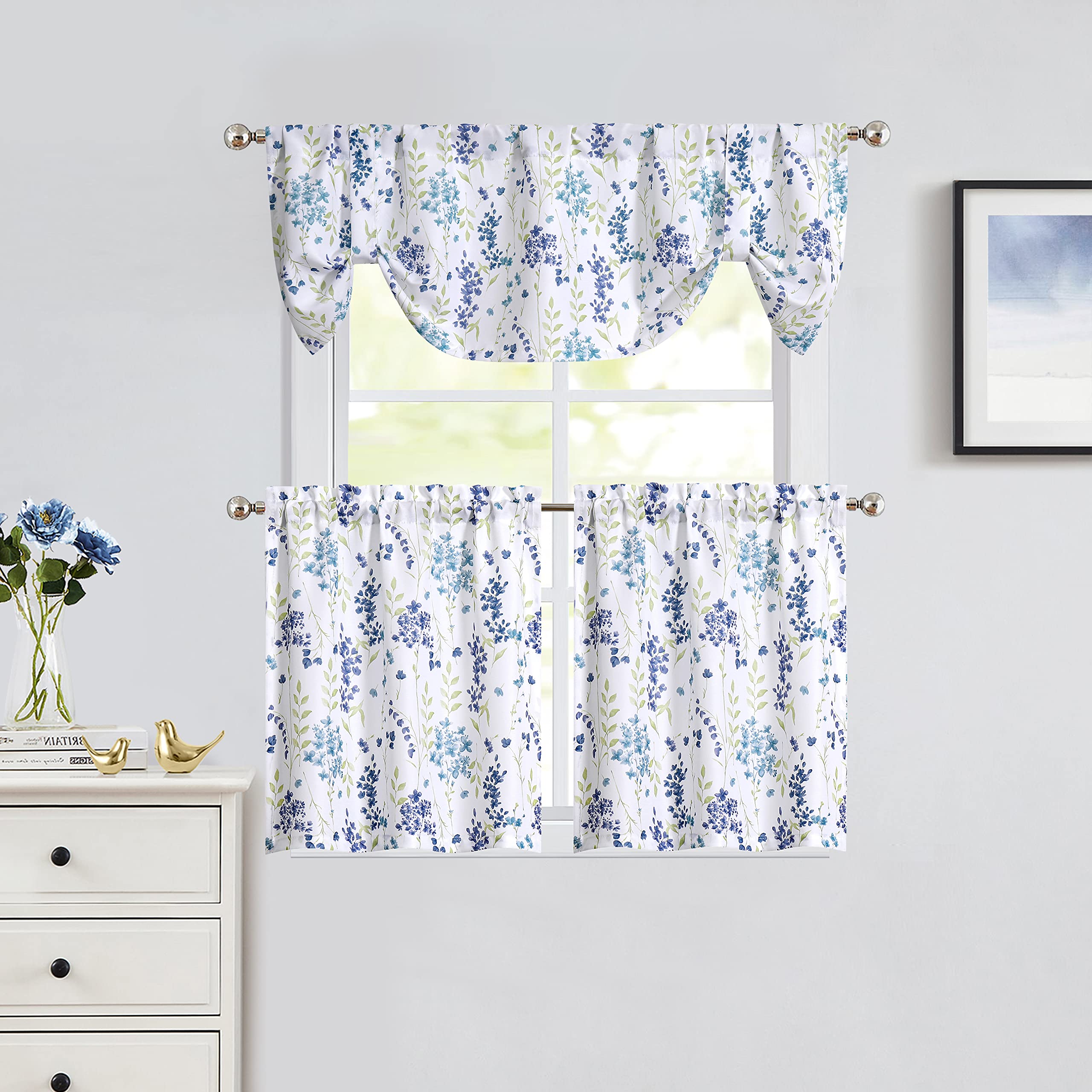 Juego De 2 Cortinas De Cocina Semitransparentes Con Estampado Floral - Modernas, Filtran Luz Y Decoran | 137 X 45 Cm