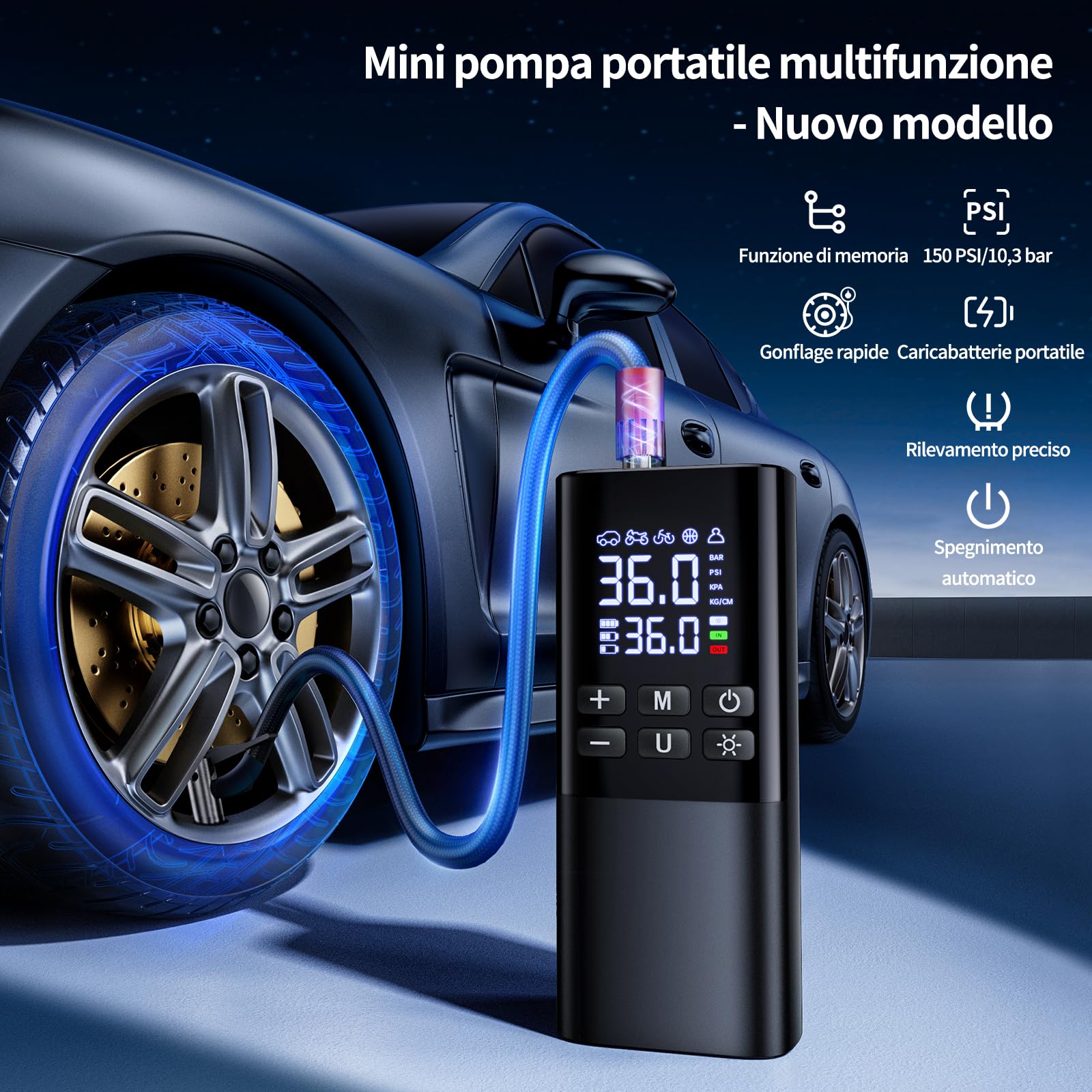 Pompa Elettrica per Bicicletta, Mini Compressore Bici con Display Digitale E Luce LED, Compressore Aria Portatile per Auto, Moto, MTB, Bicicletta E Palloni, Ricaricabile Tramite USB-C, USB-A