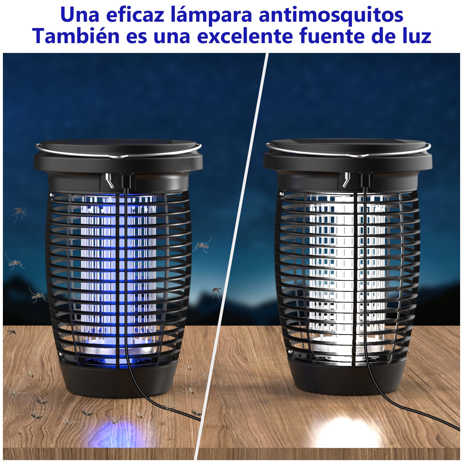 PALONE Lampara Antimosquitos Solar Type-C 4500v con Cable De 3,5 M, Antimosquitos Electrico Panel Solar de 5,5 W, Adecuado para Acampar y para Interiores y Exteriores