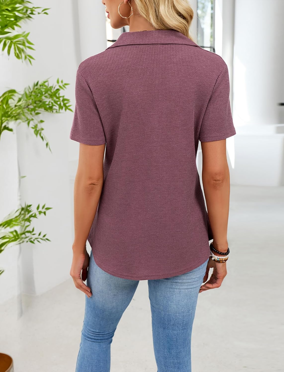 Womens Waffle Knit Polo Shirt Casual V Neck Collared Tops Relaxed Fit Short Sleeve Work Blouses - Image 2