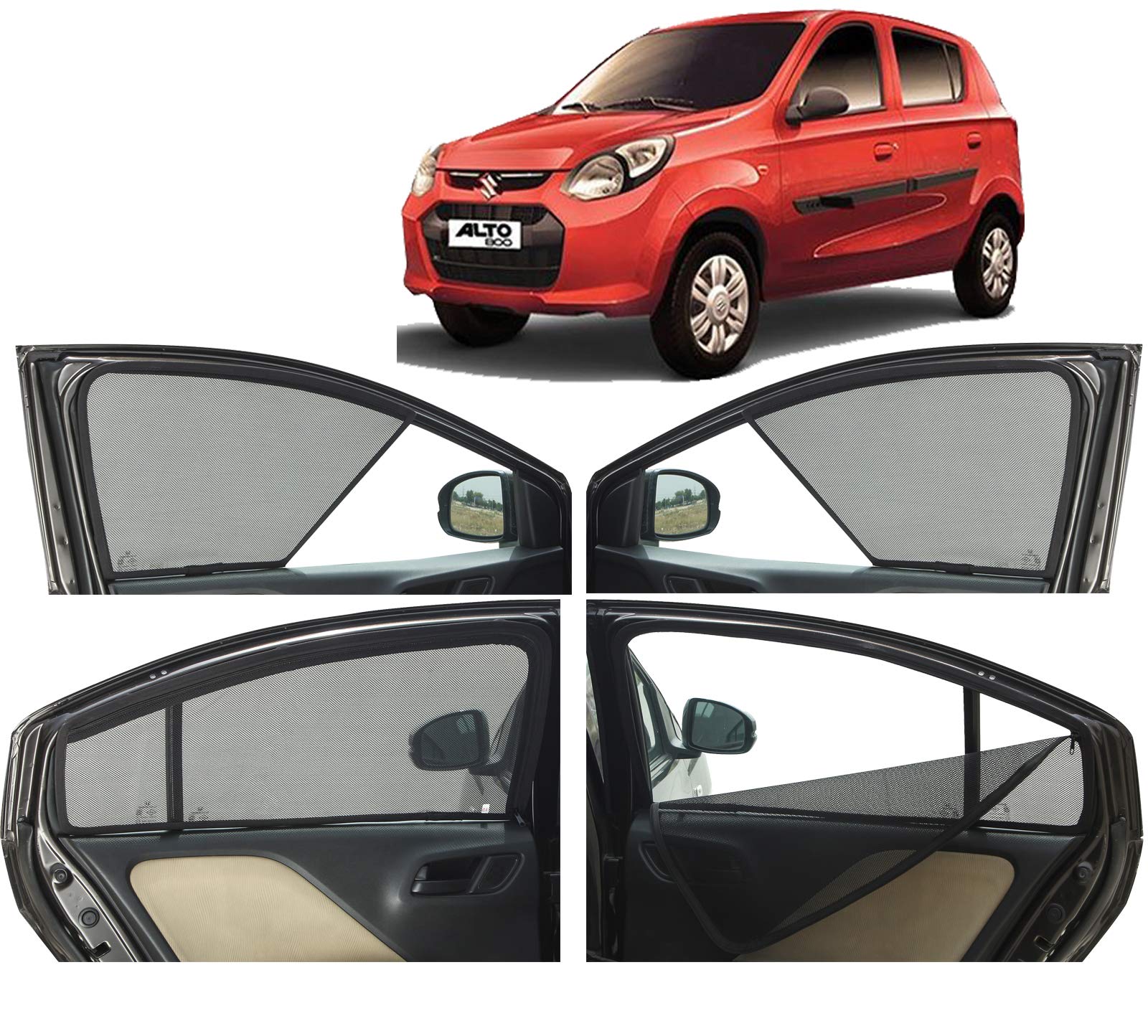 Autofact Half Magnetic Window Sunshades/Curtains for Maruti Alto 800 [Set of 4pc - Front 2pc Half Without Zipper ; Rear 2pc Full with Zipper] (Black)