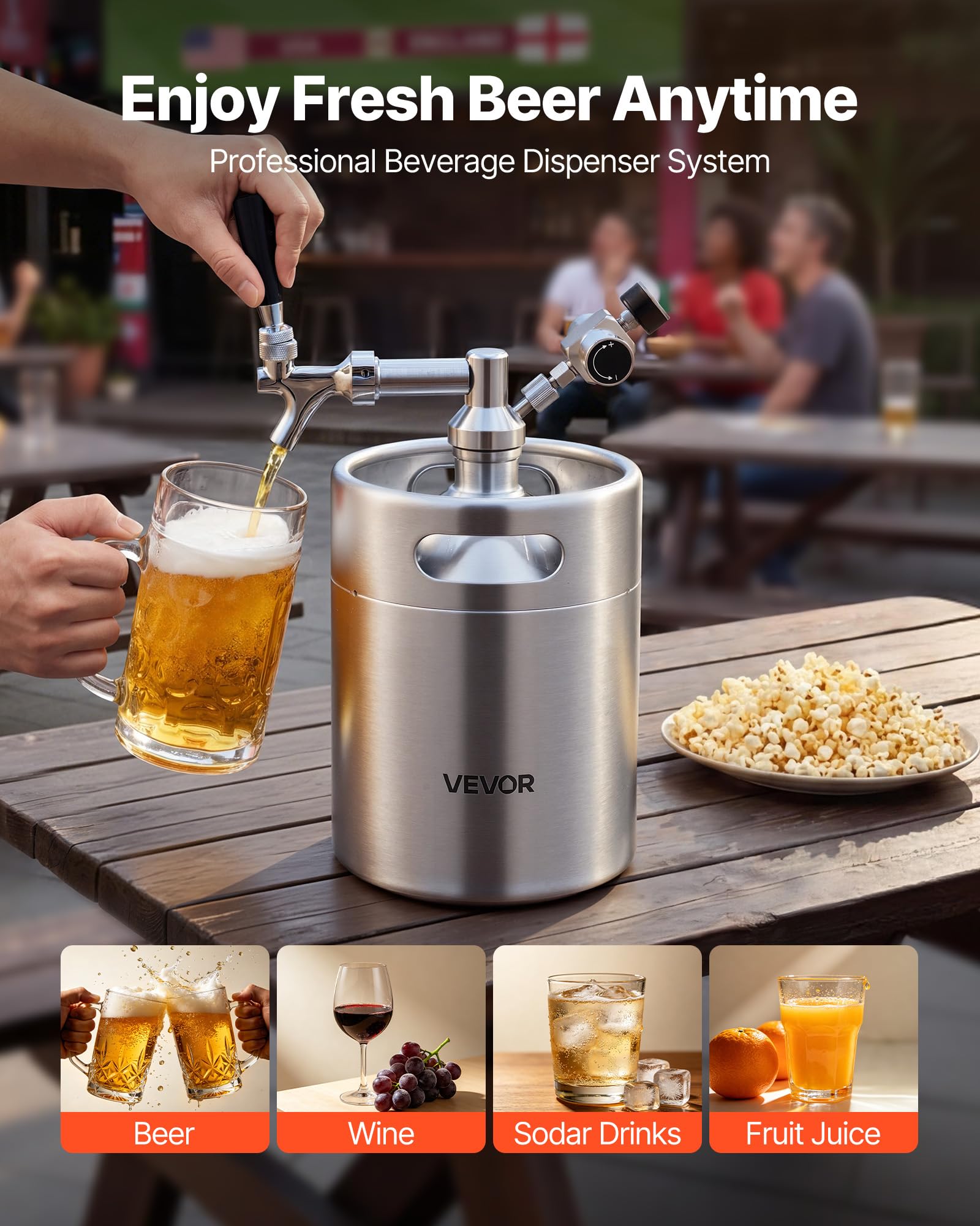 VEVOR Mini Barril Dispensador de Cerveza de 4 L de Acero Inoxidable 304, Con Regulador de CO₂ y Grifo de Cierre Automático, Compatible con Cartuchos de CO₂ de 16 g (No Incluido), Para Fiesta, Hogar
