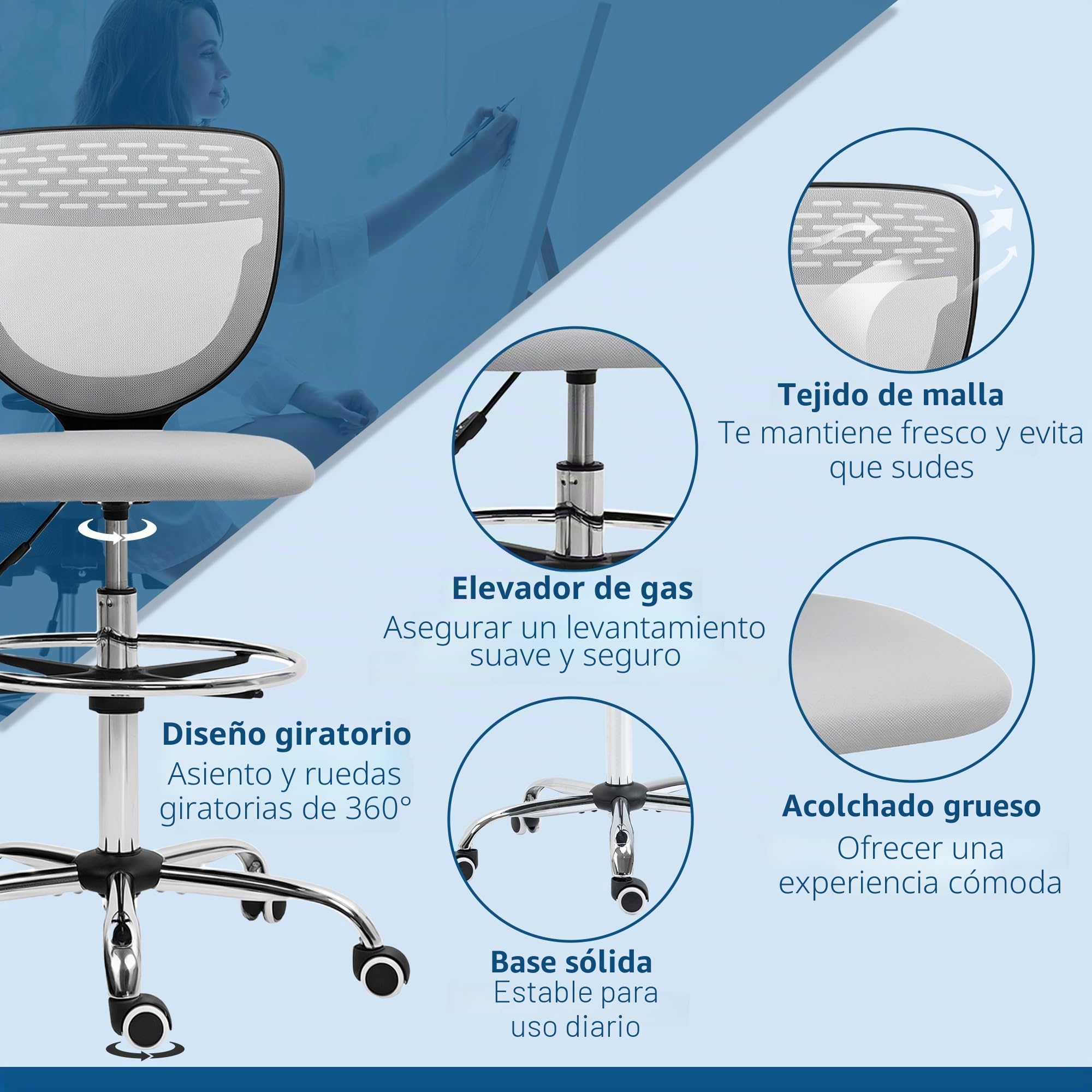 Vinsetto Silla de Oficina ergonómica Taburete de Oficina con reposapiés y sin reposabrazos, Silla de Dibujo de Respaldo Medio de Malla, Altura Ajustable, Asiento Acolchado y Giratorio 360° Gris Claro