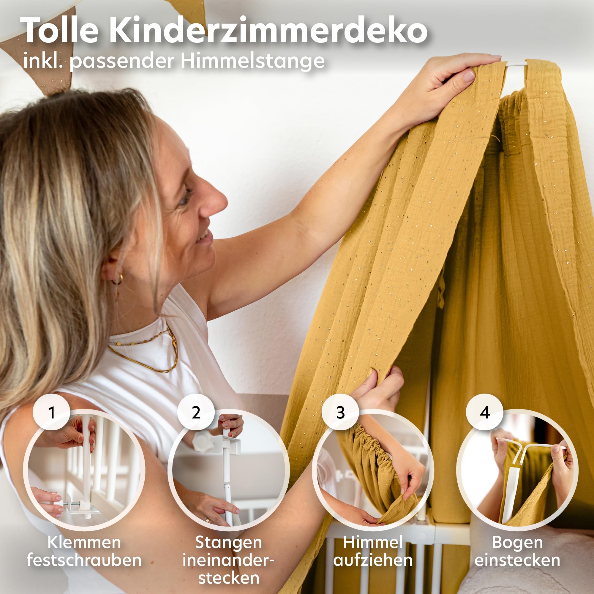 lilimaus Betthimmel Babybett mit Gold Applikation in 12 Farben [inkl. Himmelstange] - Himmel Babybett aus 100% Baumwolle Musselin für Mädchen & Jungen - Himmelbett mit Stange - Kinder Babyzimmer Deko