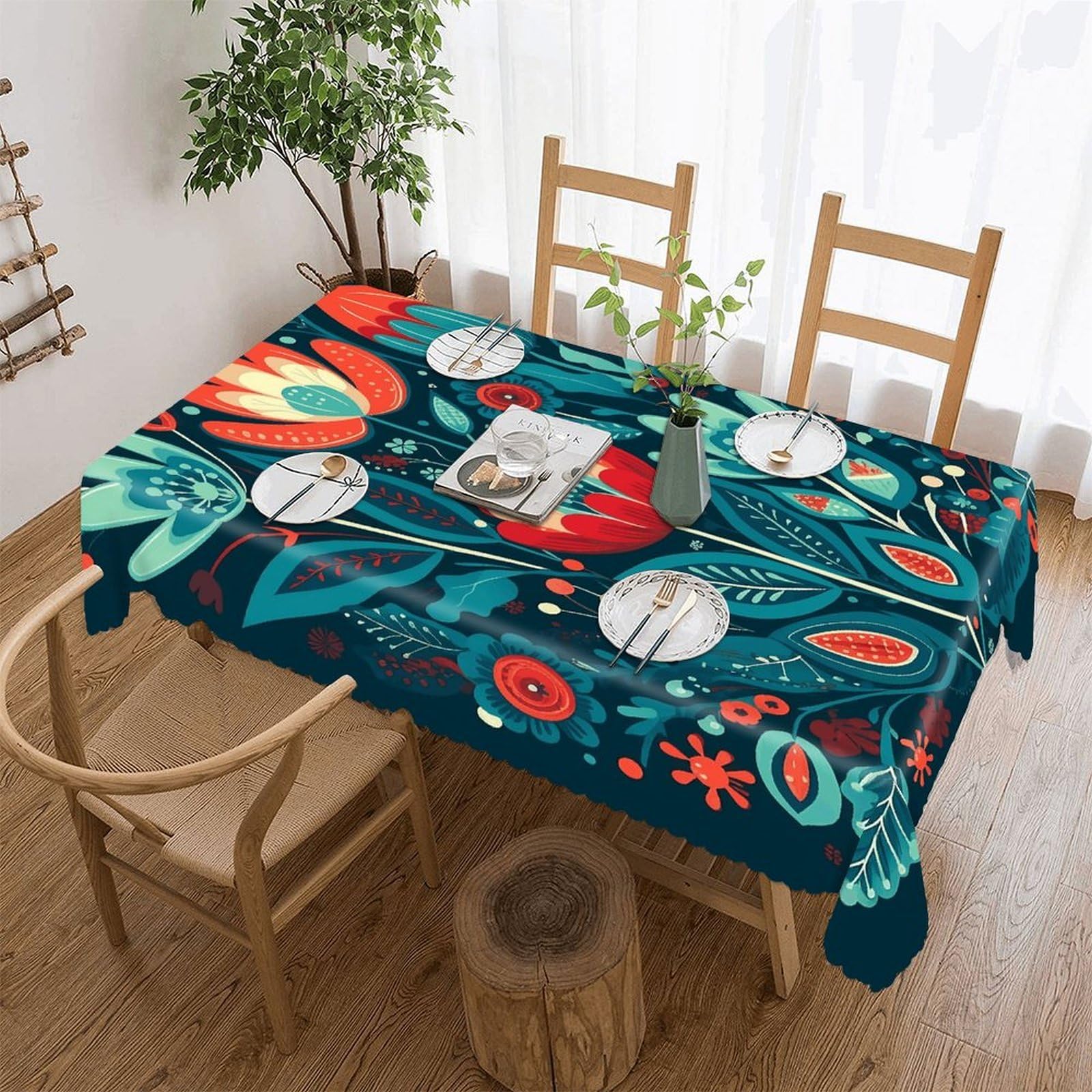 Fekiloot Style Folk Blue Flowers Tablecloths Heavy Duty Washable Fabric,Birthday Tablecloth-Wavy Edge Design,Polyester Table Cloth For Restaurant,Picnic,Indoor And Outdoor Dining60 X86