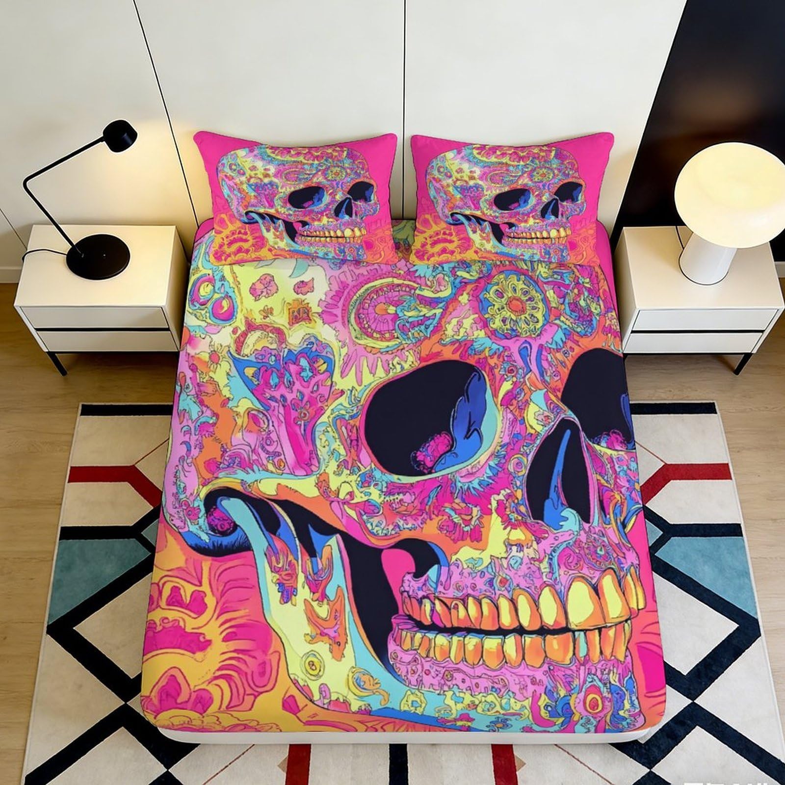 3D Printed Colorful Skull Fitted Sheet Microfiber Soft Breathable Vibrant Skull Pattern Mattress Cover for Bedroom Dormitory Guest Room Mattress Protection Decor 120x200x25cm