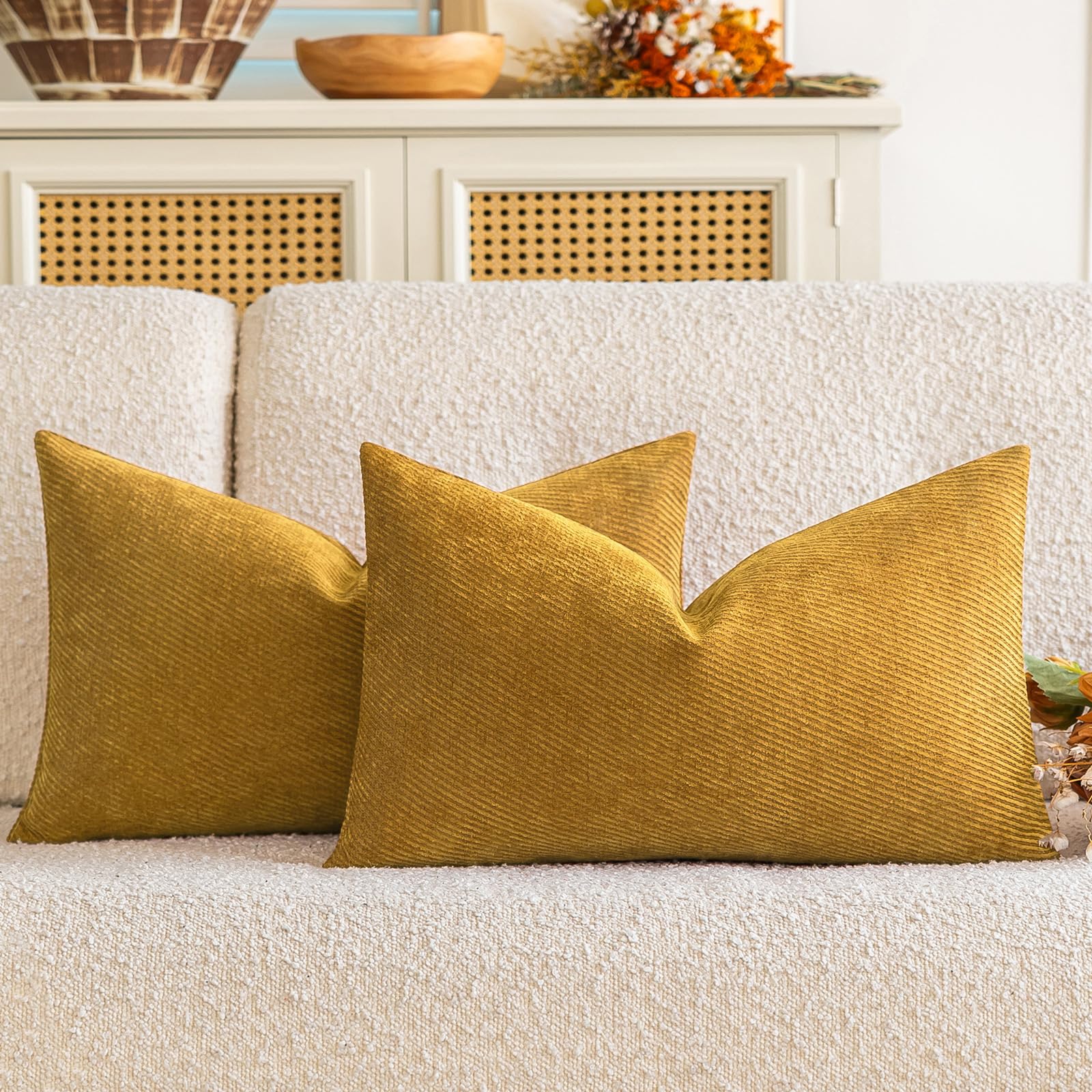 a moment Pack of 2 Decorative Chenille Cushion Cover Throw Pillow Covers with Twill Cushion Covers for Sofa Living Room Couch Bed 12x20 Inch Yellow