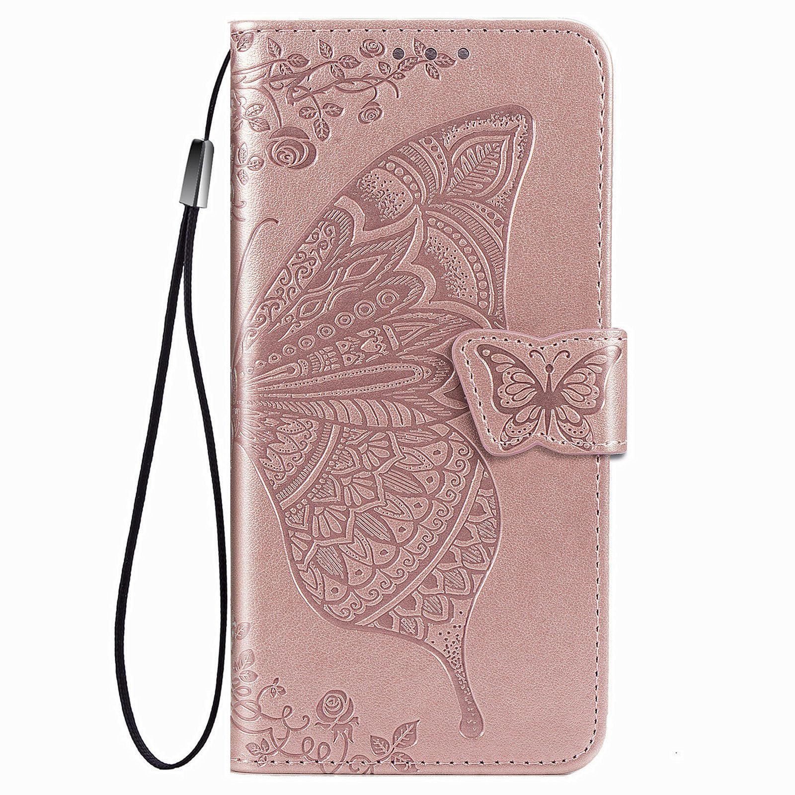 Etui z klapką do Samsung Galaxy Z Fold 5, portfel, skóra PU, wytłoczone kwiaty, motyl, pasek na nadgarstek, etui na karty kredytowe, różowe1