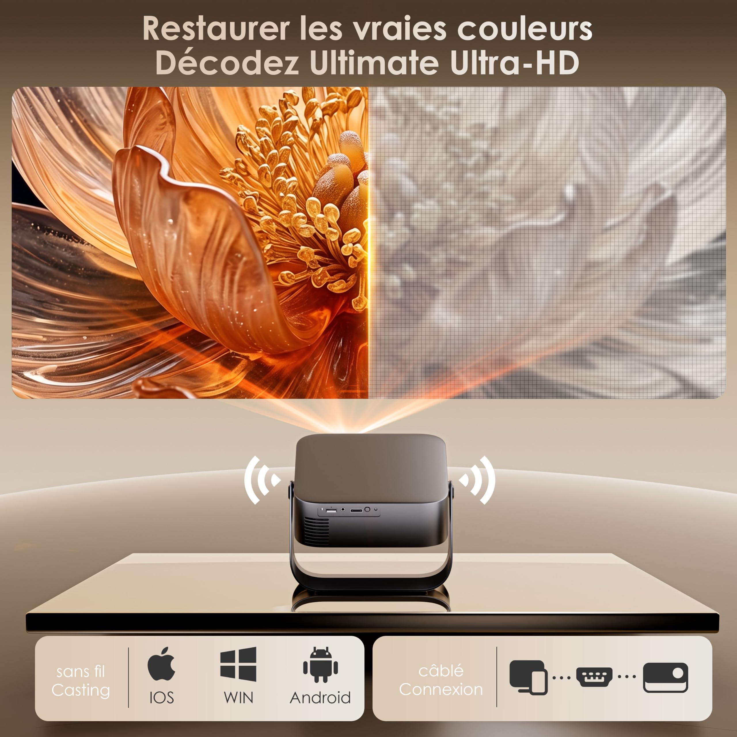 [Apps intégrées & 2026 Upgraded] Vidéoprojecteur Supporte 4K 1080P avec 5G WiFi 6 Et BT 5.2 Le Projecteur Soutien Rotation 360°° Portable Projecteur Video Applicable Laptop/HDMI/TV Stick