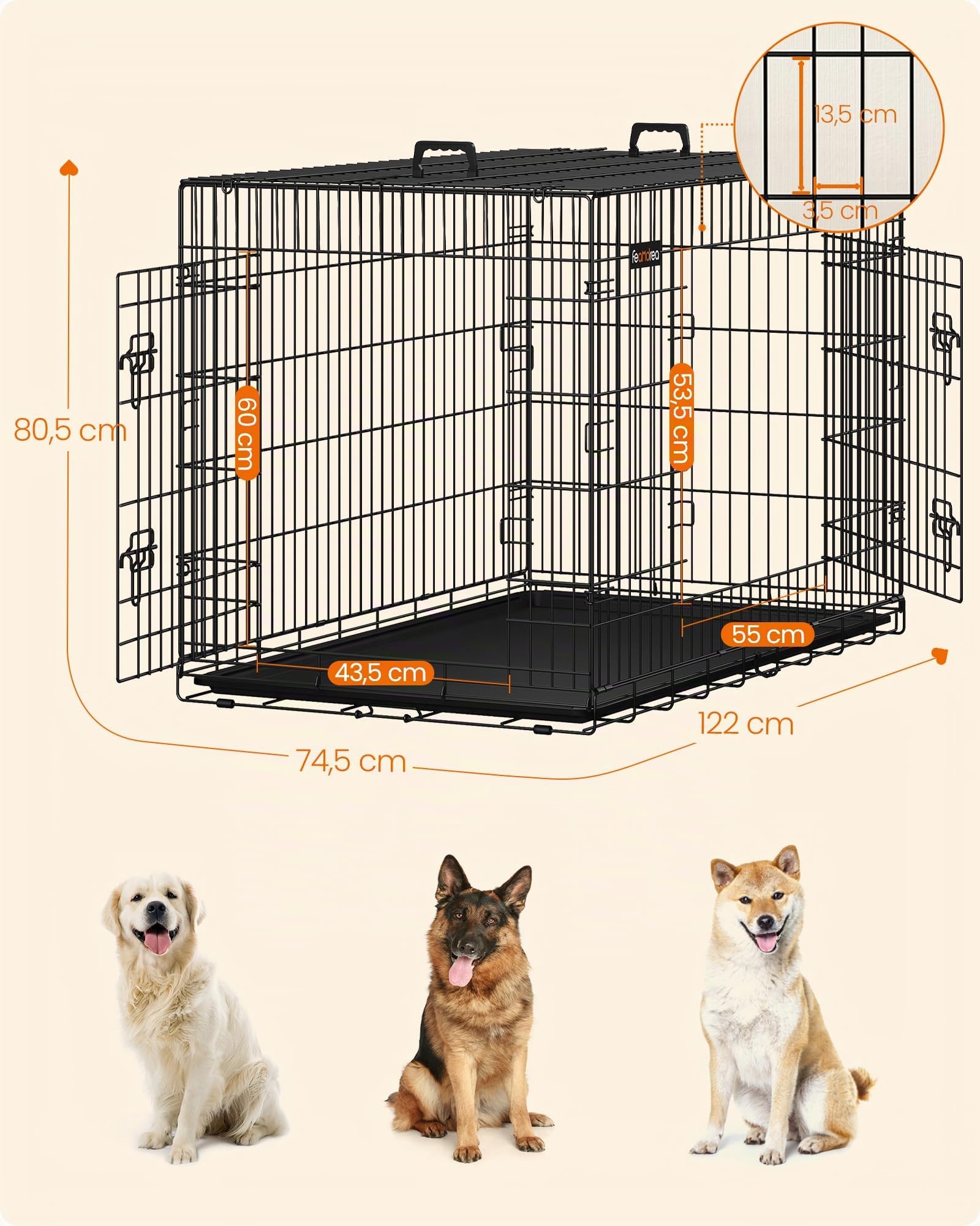 Feandrea Gabbia per Cani Pieghevole, con 2 Porte, Vassoio Rimovibile, 122 x 74,5 x 80,5 cm, XXL, Nero PPD48H