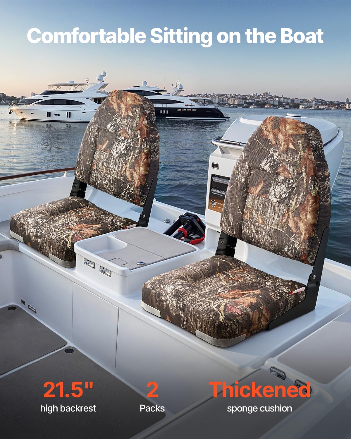 VEVOR Siège de Bateau à Dossier Haut 2PCs, Support de Siège de Bateau Pliable, avec Coussin en Éponge Épais et Tissu en Polyester PU, Charnières en Alliage d'Aluminium, pour Pêche, Camouflage