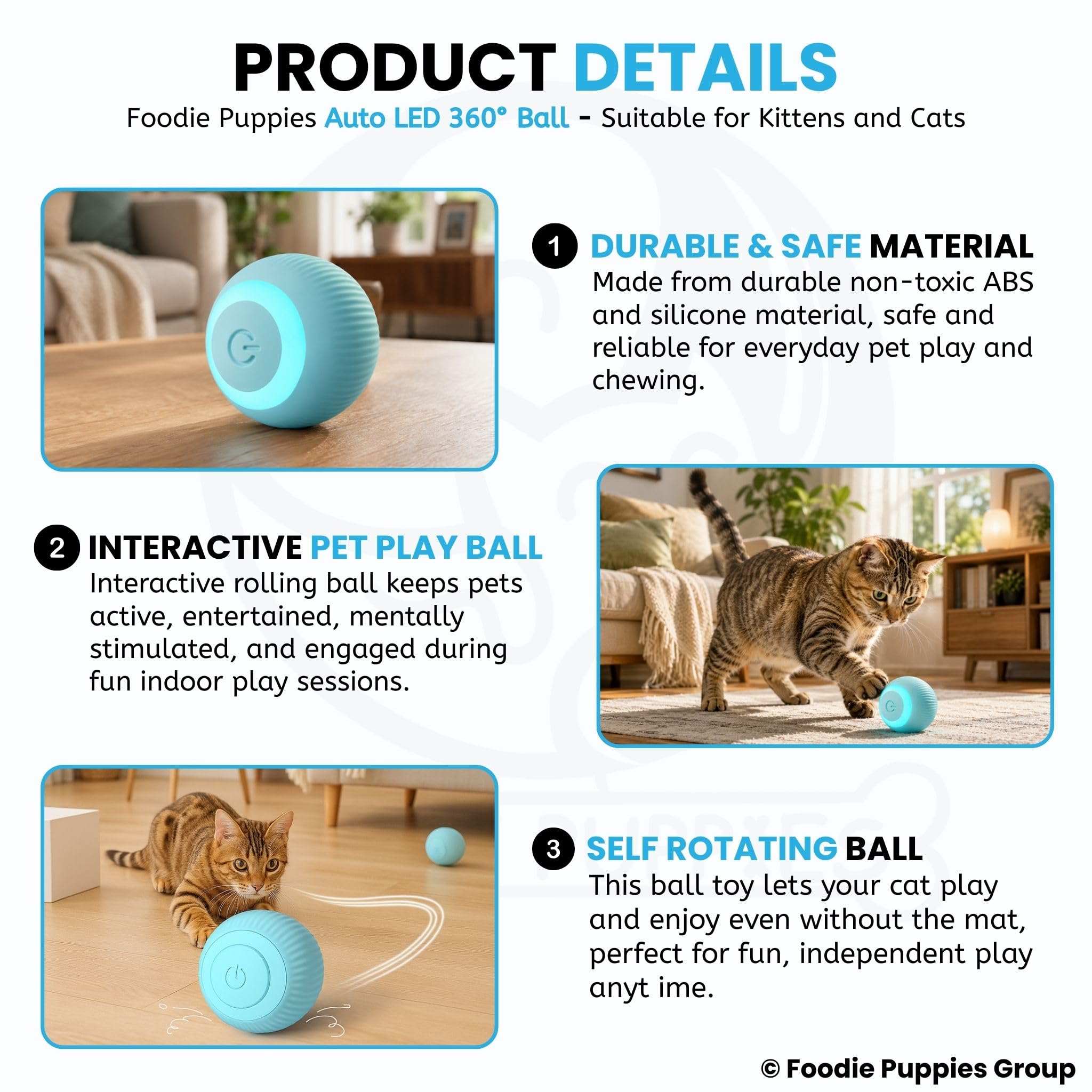 Foodie Puppies Smart LED 360° Toy Ball - (42mm) for Cats, Kittens & Puppies I Interactive Rechargeable Rotating Ball with LED Light, Cat Chasing Toy Automatic Rotating Smart Obstacle Avoiding 2