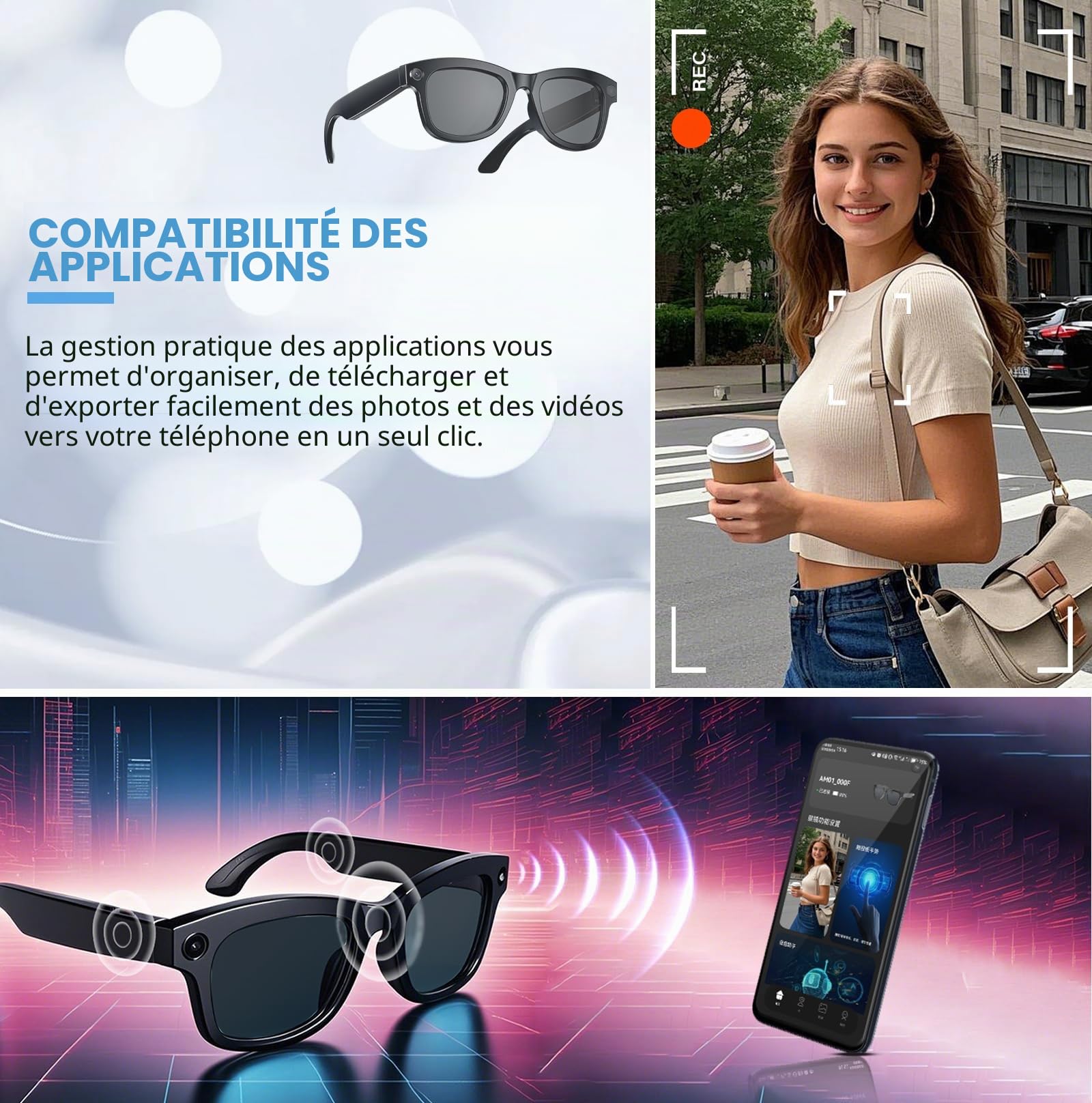 Lunettes intelligentes AI avec ChatGPT et appareil photo 8 MP | Enregistrement vidéo HD, lunettes de soleil avec traduction en temps réel, musique et contrôle vocal, stabilisation EIS | WiFi et