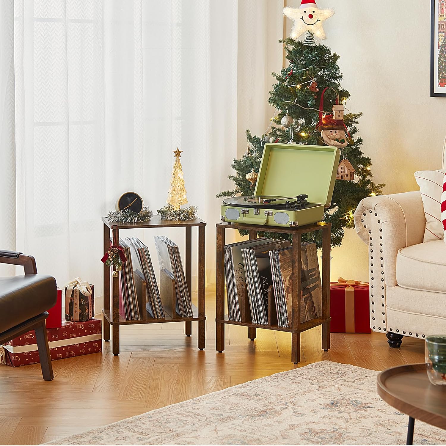 LELELINKY 2-Tier Record Player Stand with Vinyl Record Storage up to 100 Albums, Bedroom Record Holder and Multi-Functional End Table for Living Room, Brown