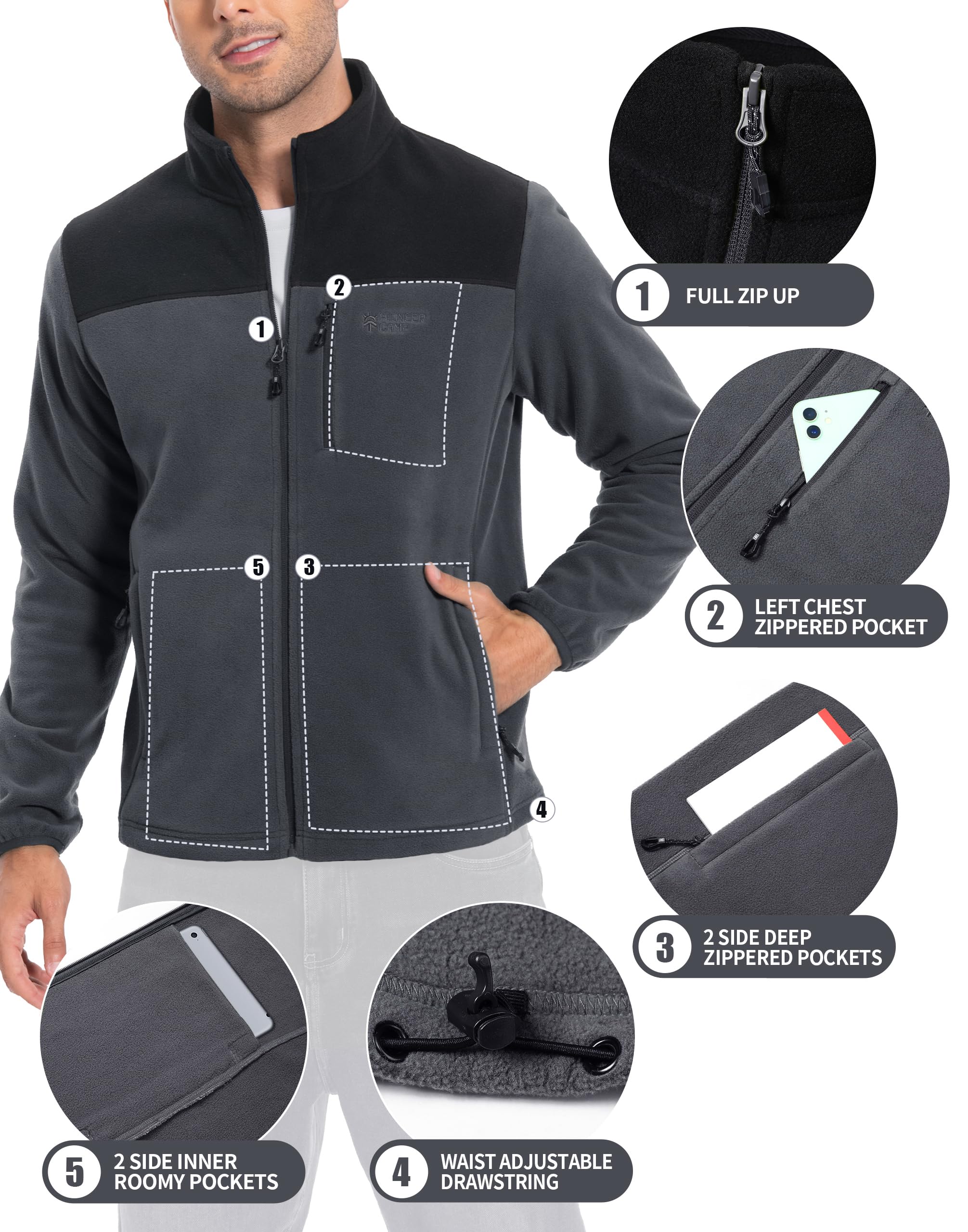 Pioneer Camp Giacca in pile da uomo Full Zip Outdoor Polar, leggera, antivento, con chiusura lampo