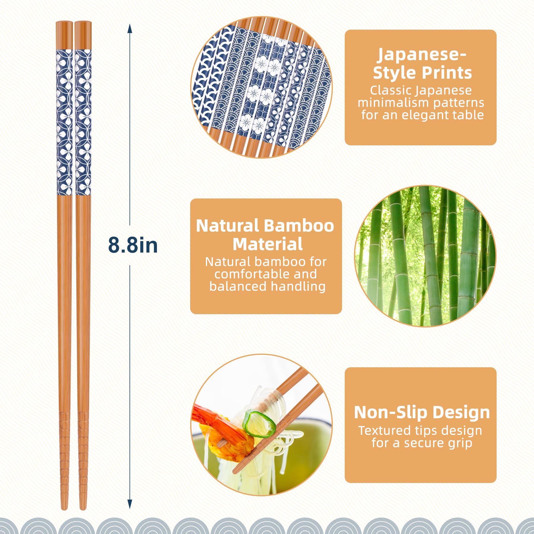 Antner 5 Pairs Natural Bamboo Chopsticks Reusable Classic Japanese Style Chop Sticks Gift Sets, Dishwasher Safe, 8.8 Inch/22.5cm — Amazon image 2