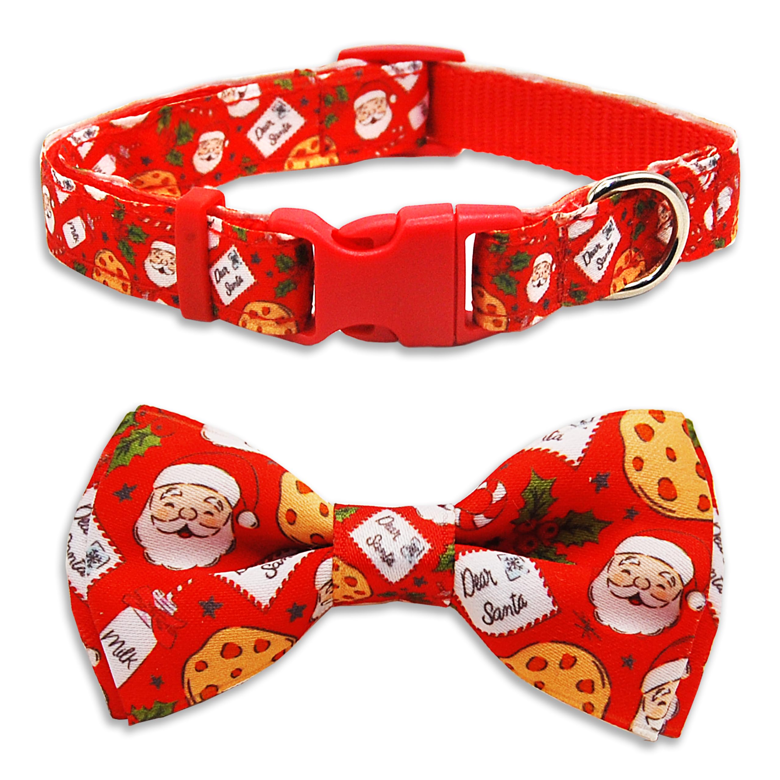 Christmas Dog Collar with Bow Tie Set,Red Cookies Pattern Pet Collar for Small Medium Large Dogs, Adjustable Puppy Collar