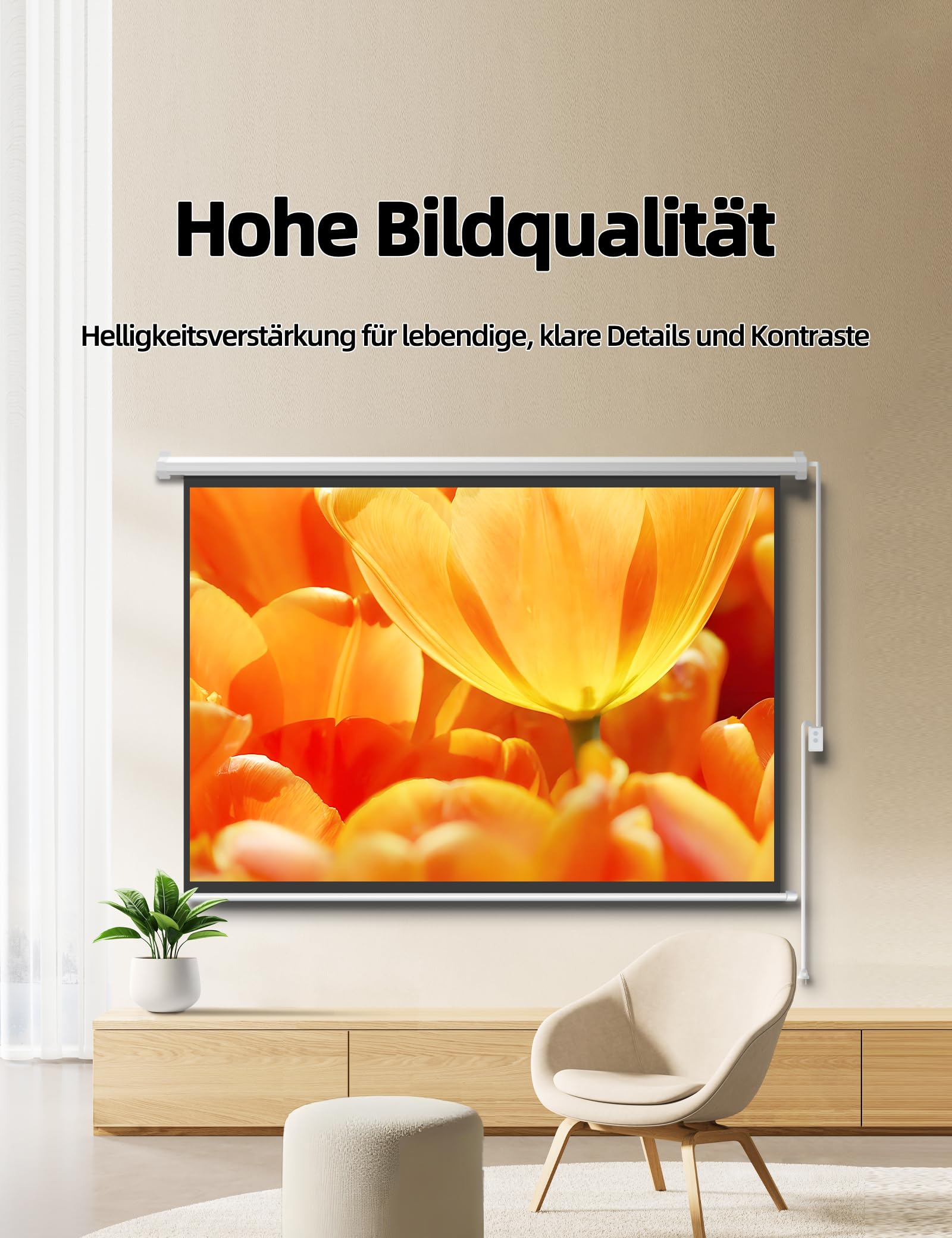 Matte White Beamer Leinwand Elektrisch Mit Fernbedienung,Leinwand Beamer 4K HD 100 Zoll Format 4:3 Projektionsleinwand für Heimkino und Präsentation,Zur Decken-/ Wand-Montage