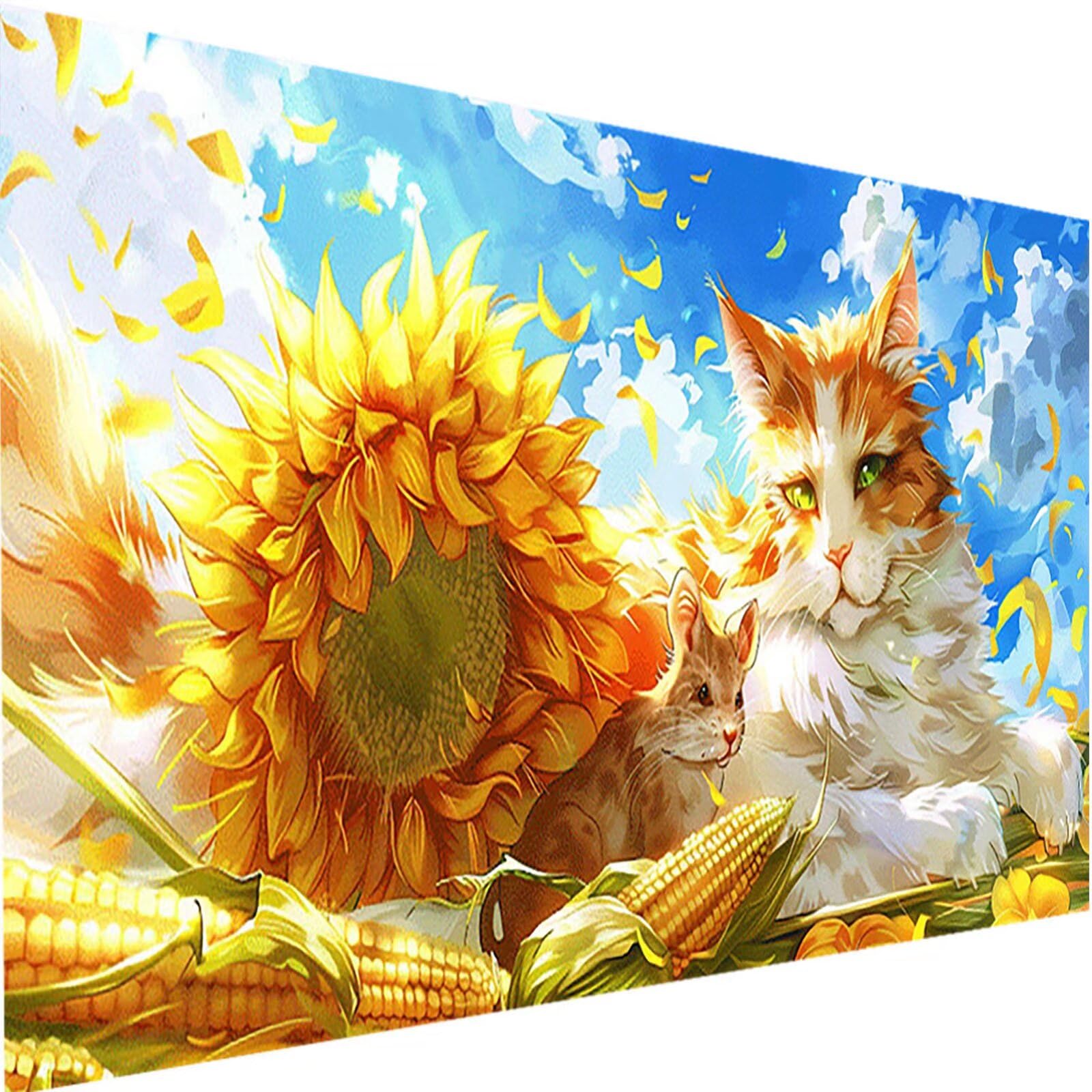 Pintar por Numeros Adultos, DIY Pintar por Numeros Girasoles Manualidades Adultos con Pinceles, Pigmento Acrílico, Pintar por Numeros Niños Gato para Decoración el Hogar Regalo, con Marco 40x80cm T-Z
