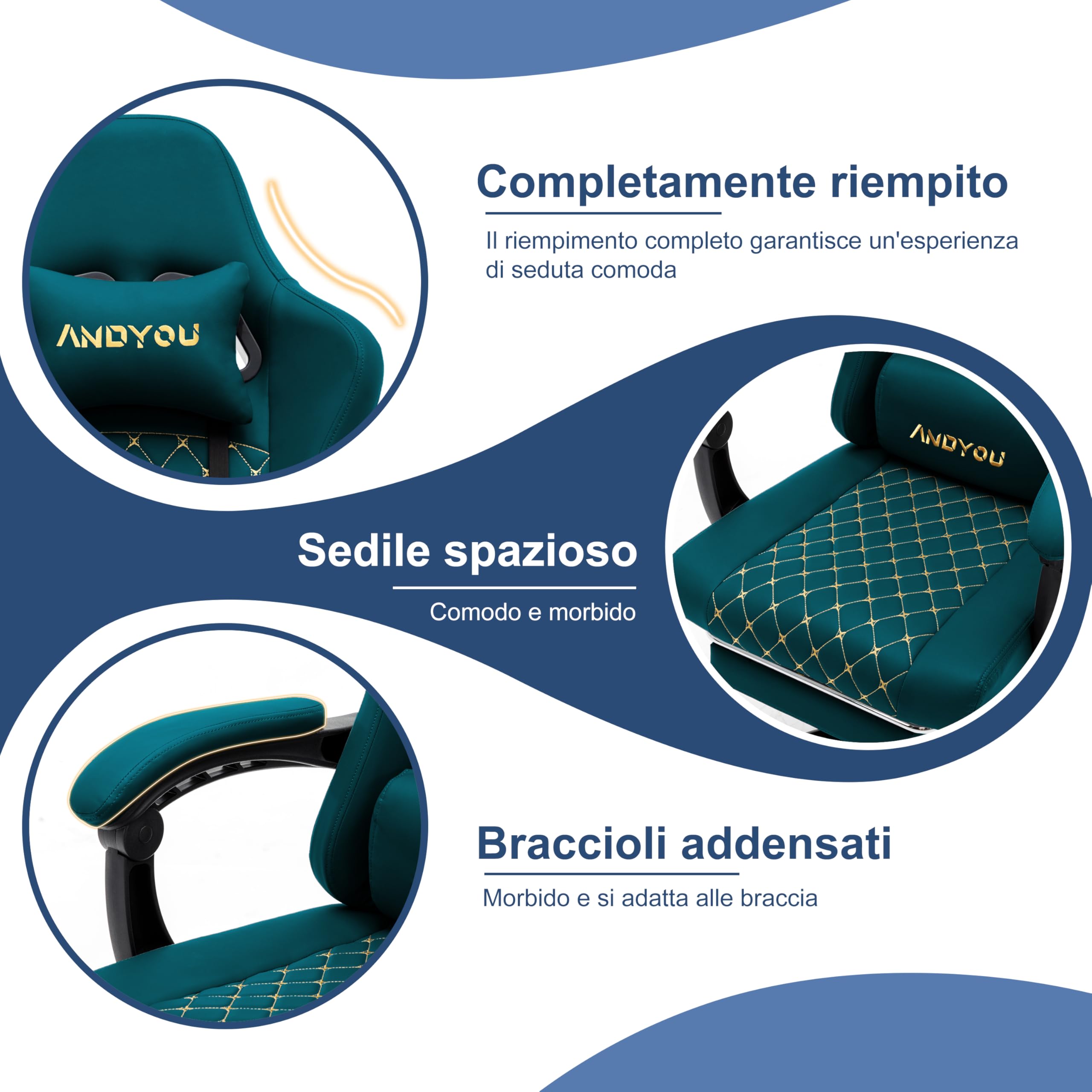 Andyou Silla Gaming Ergonómica Profesional con Soporte Lumbar - Silla Gamer para Adulto, Giratoria y Reclinable con Reposapiés Ajustable y Tela Transpirable, Soporte 150 kg para Oficina y PC