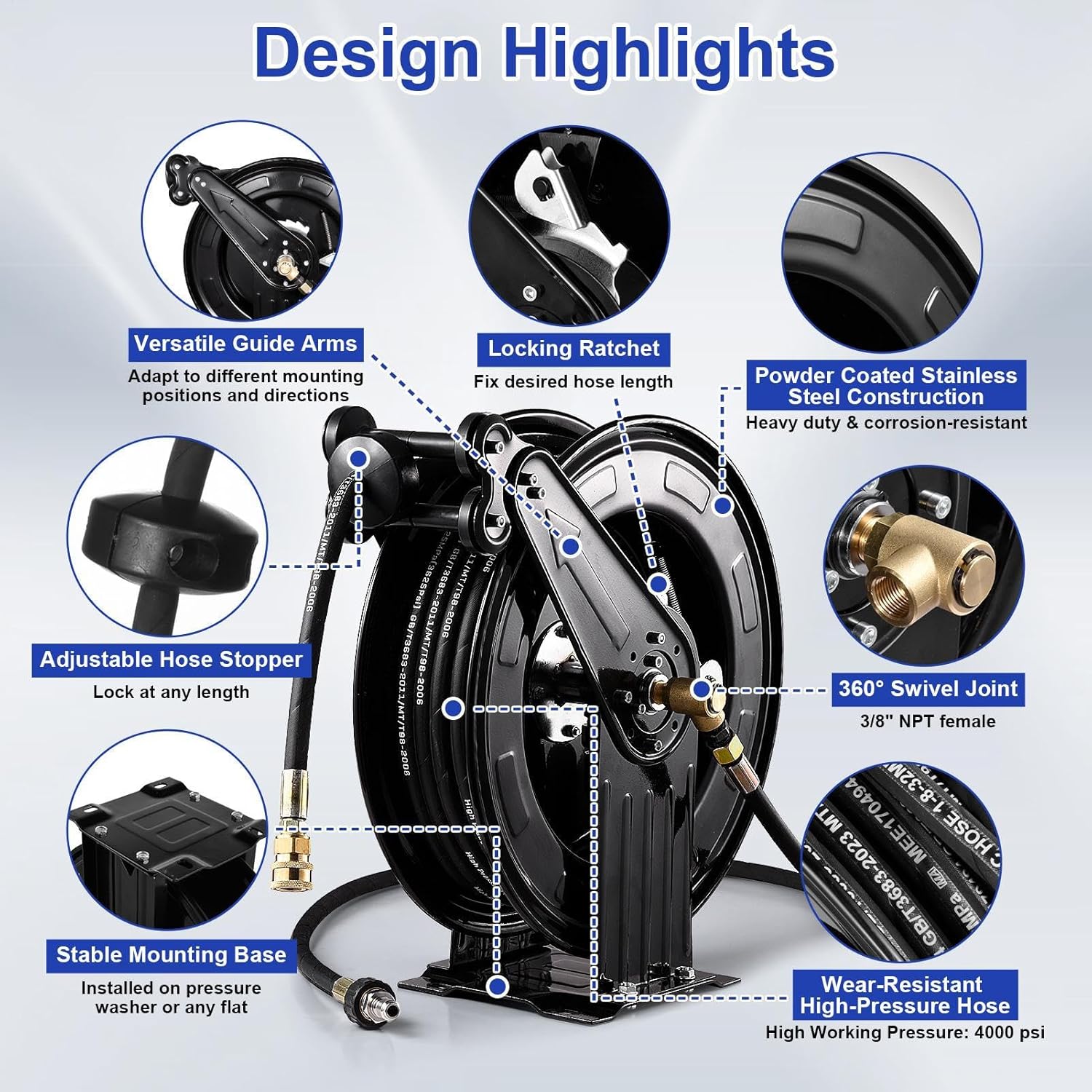 Hose Reel for Pressure Washer - Heavy Duty Double Arm Steel Washer Reel 4000 PSI - Auto Rewind, Wall Ceiling Floor Mount, for Cleaning Yard