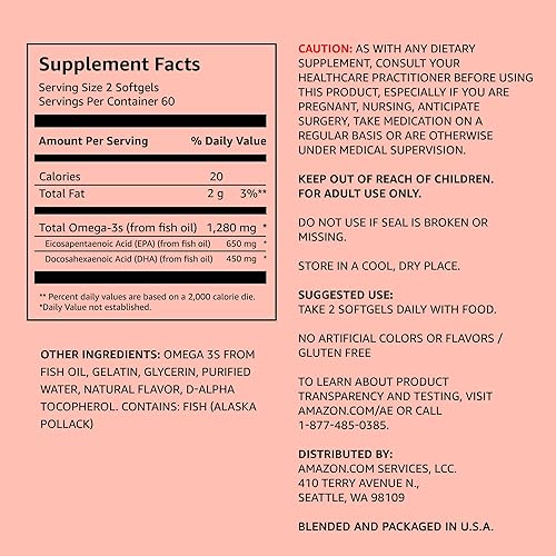 Miniatura 2 de Amazon Elements Super Omega-3, aceite de pescado capturado en la naturaleza, sabor natural a limón, ácidos grasos omega-3 EPA y DHA, 1280 mg por