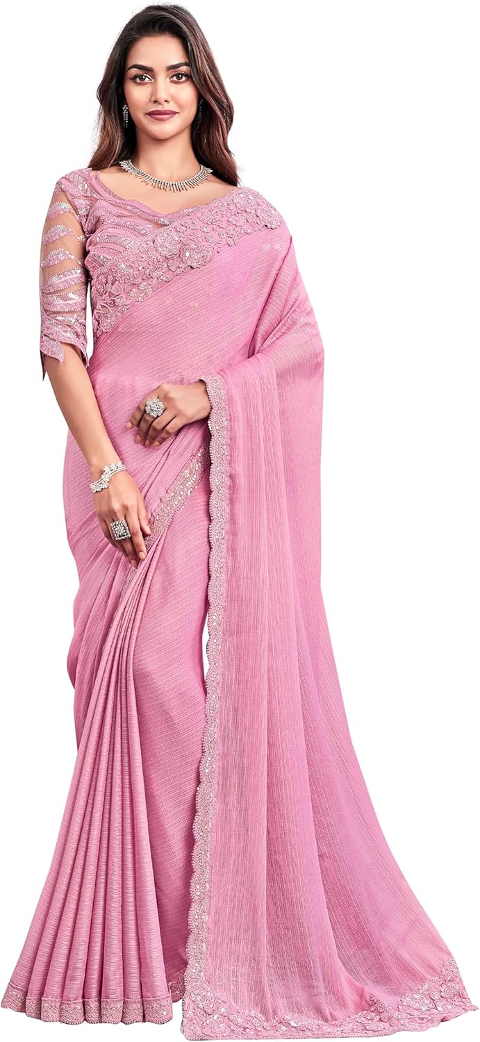 TRENDMALLS Women's Chiffon Sequin Embroidery Work Saree with Unstitched Blouse Piece